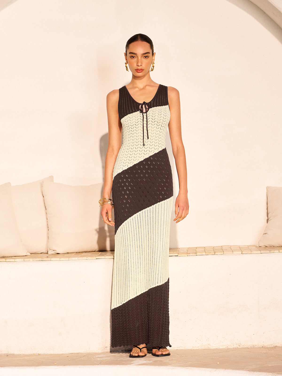Two-Tone Crochet Front Tie Knit Dress-Massicos