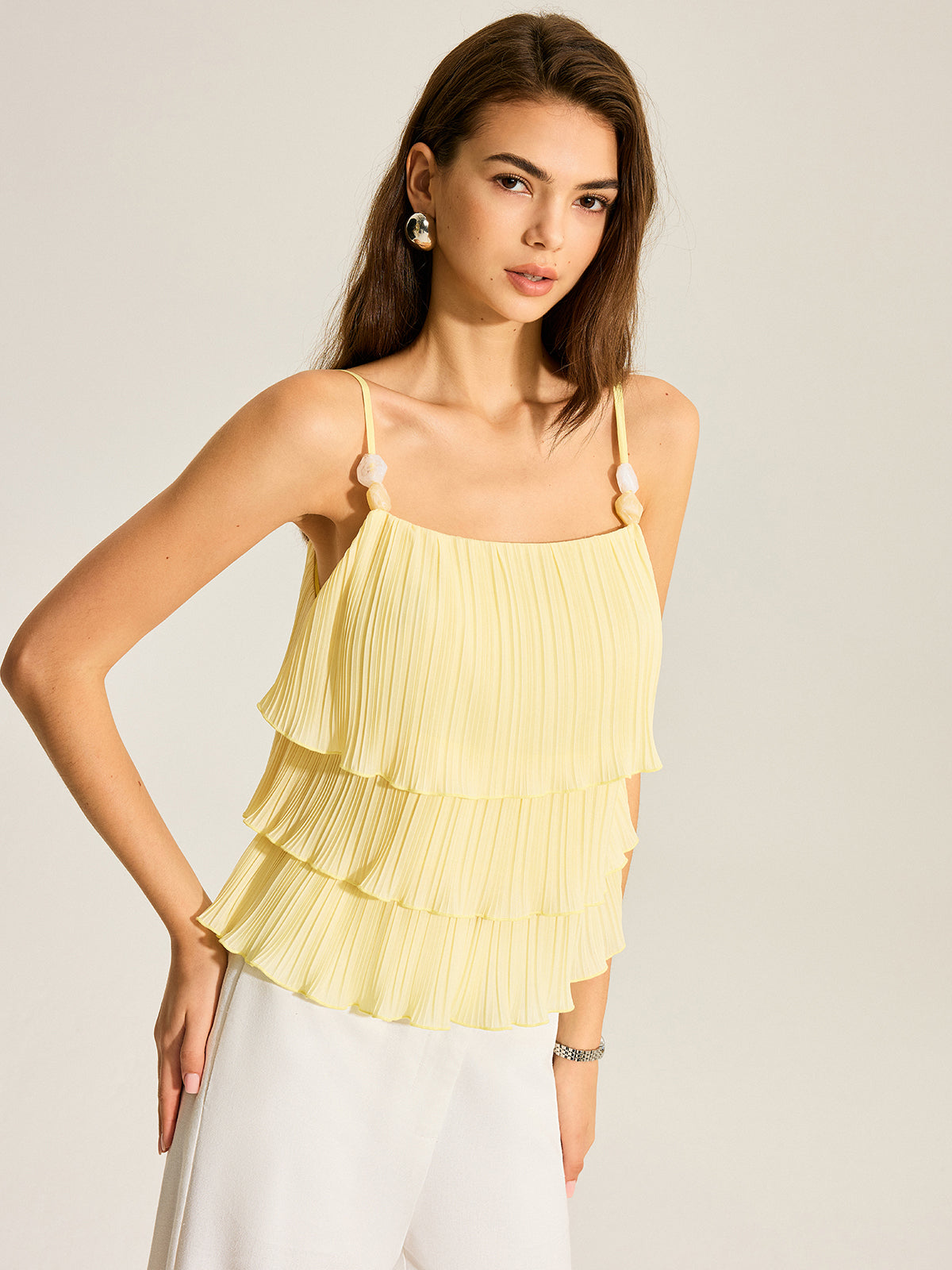 Beaded Strap Tiered Pleated Cami Top-Massicos