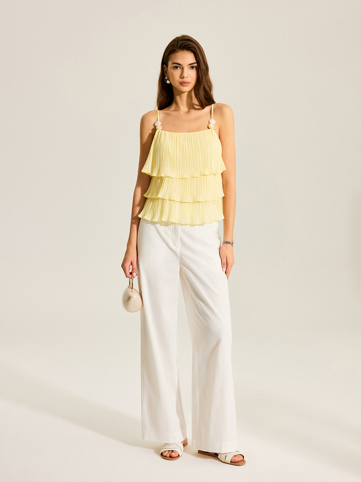 Beaded Strap Tiered Pleated Cami Top-Massicos