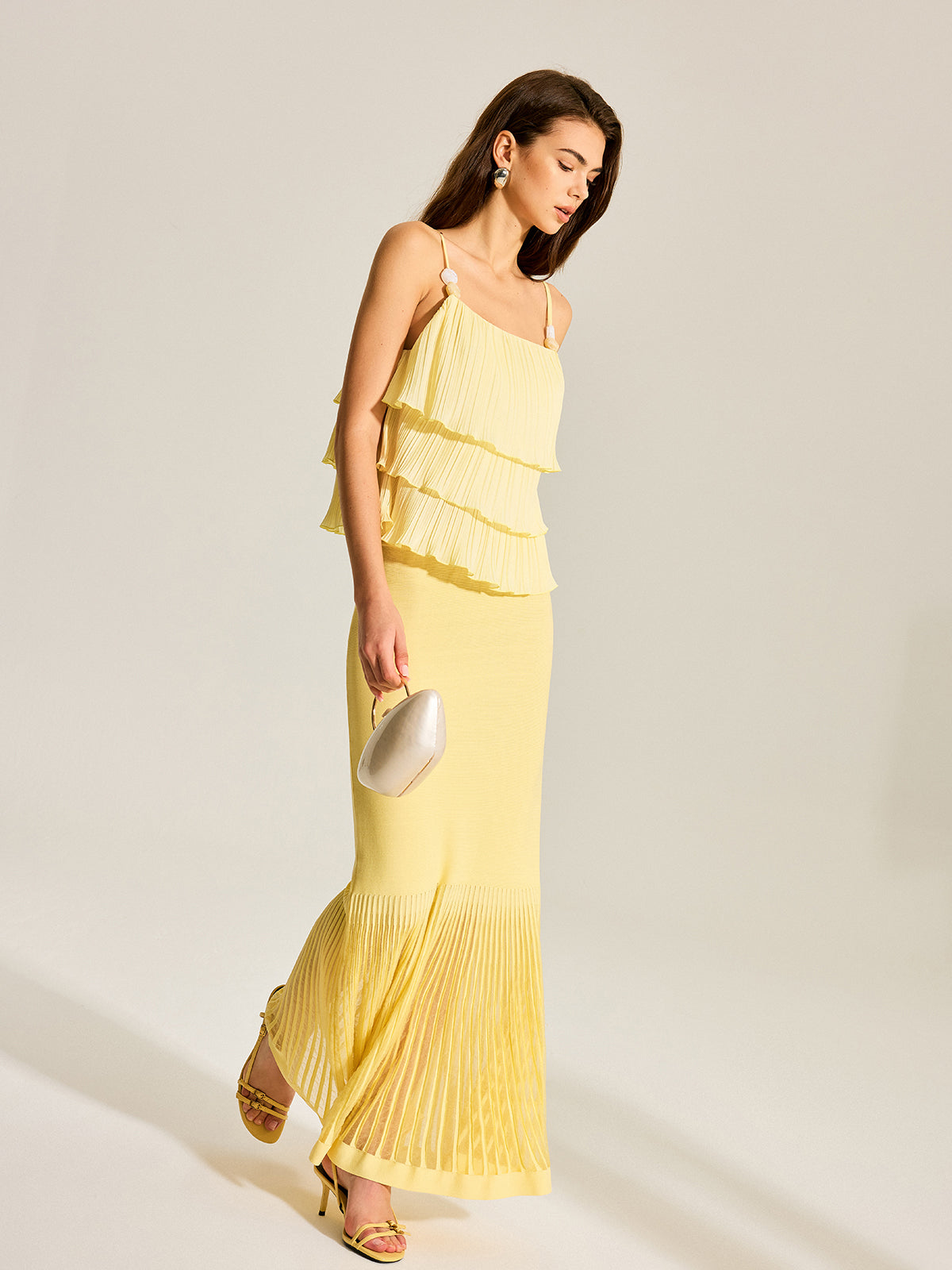 Beaded Strap Tiered Pleated Cami Top-Massicos