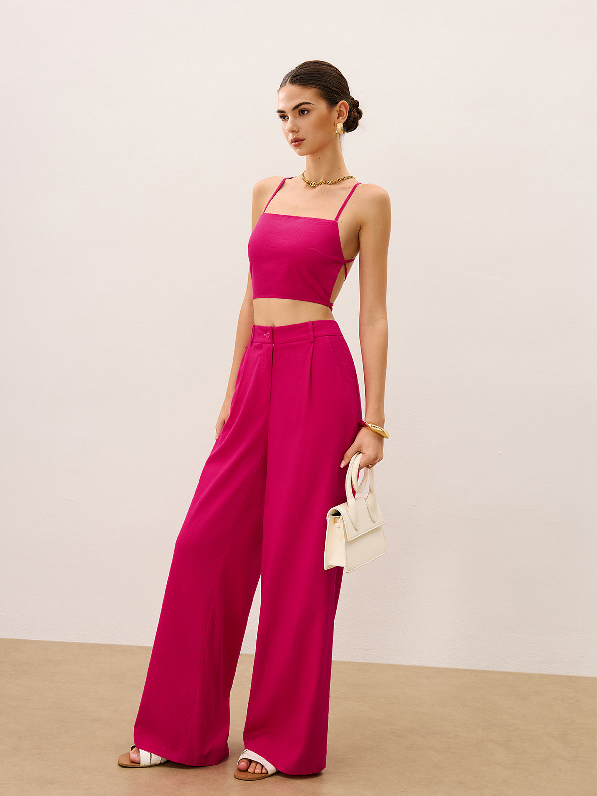 Tie-Back Top and Wide-Leg Pants Set-Massicos