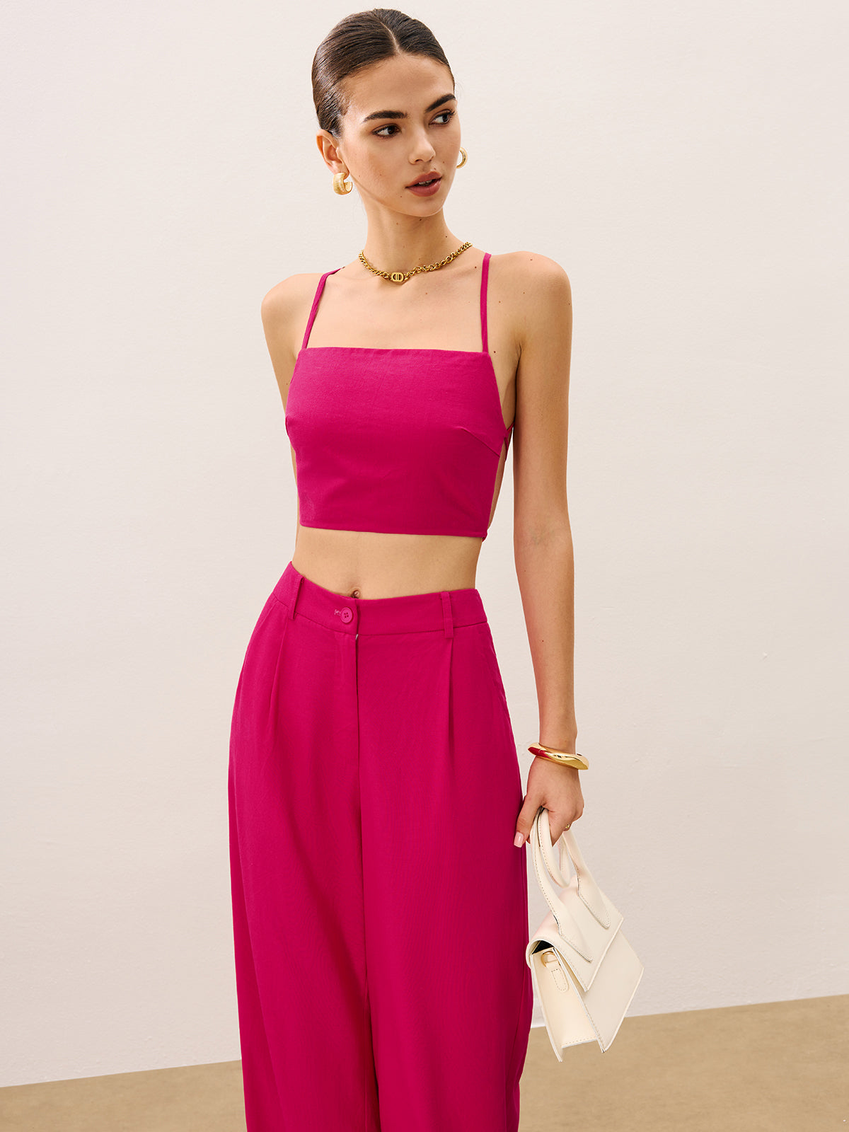 Tie-Back Top and Wide-Leg Pants Set-Massicos