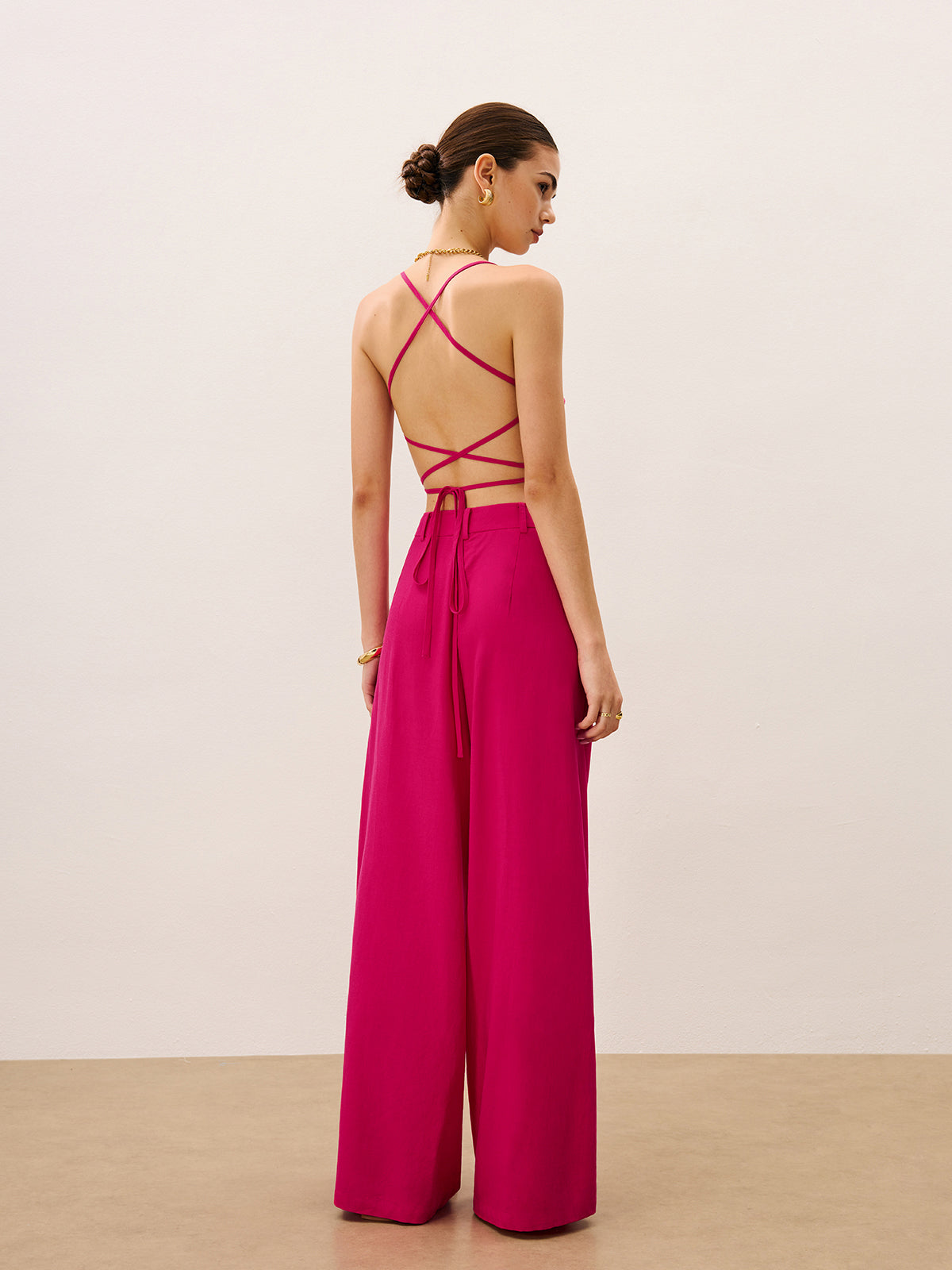 Tie-Back Top and Wide-Leg Pants Set-Massicos