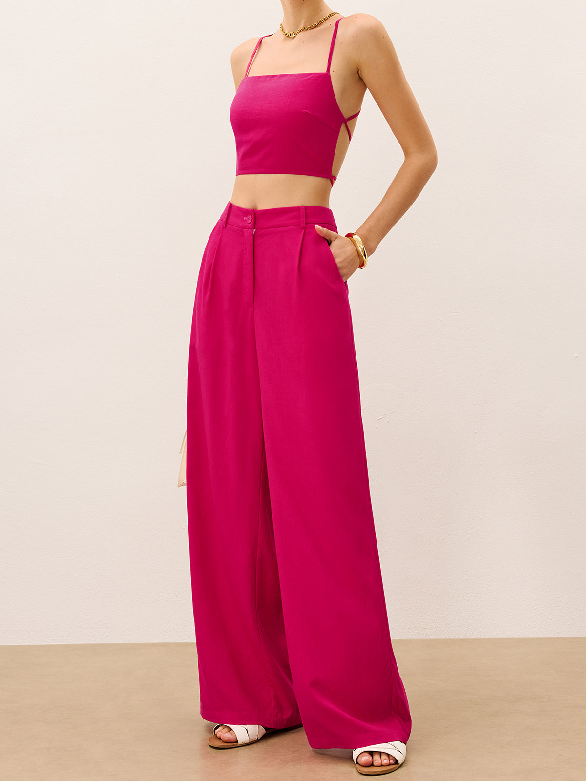 Tie-Back Top and Wide-Leg Pants Set-Massicos