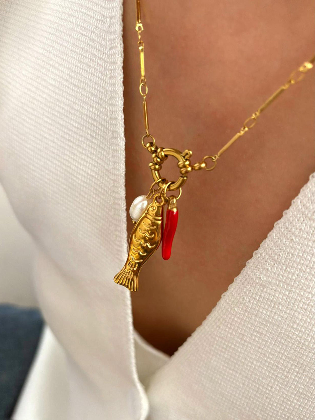 Fish & Chili Pendant Link Chain Necklace-Massicos