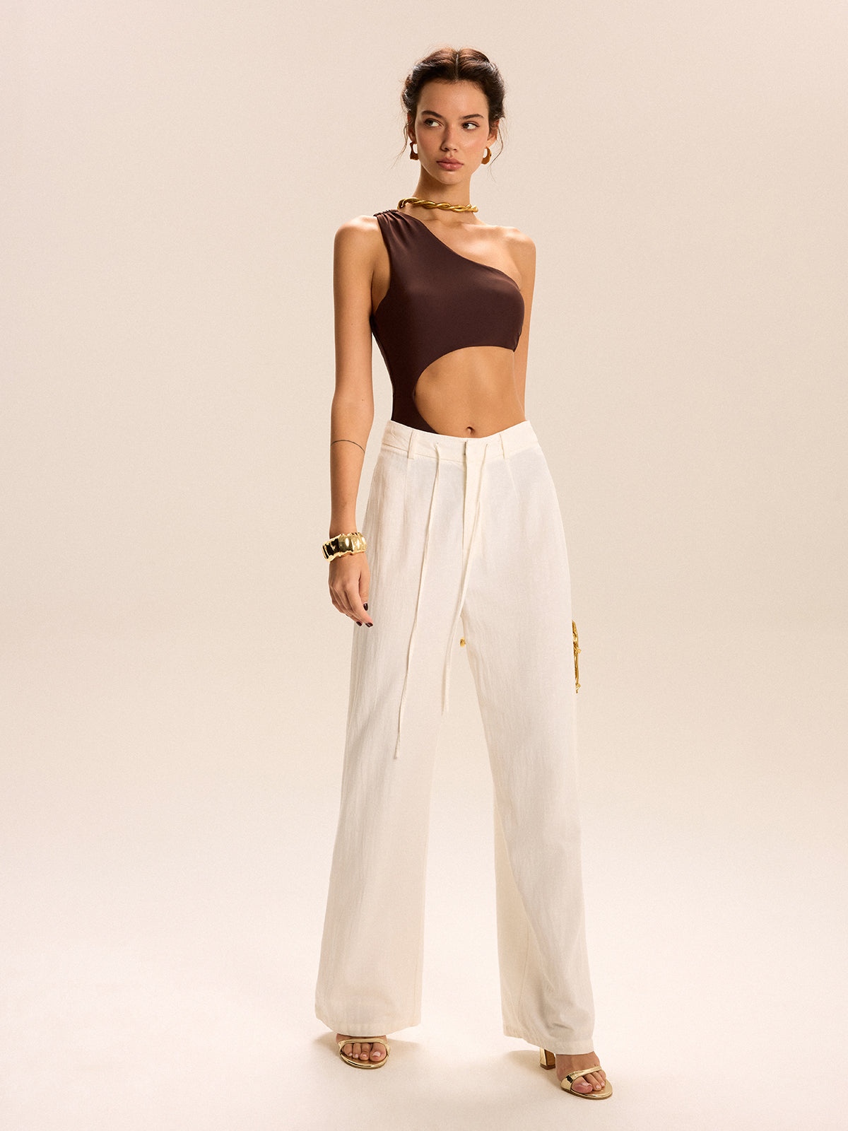 One Shoulder Cutout Metal Buckle One-Piece-Massicos