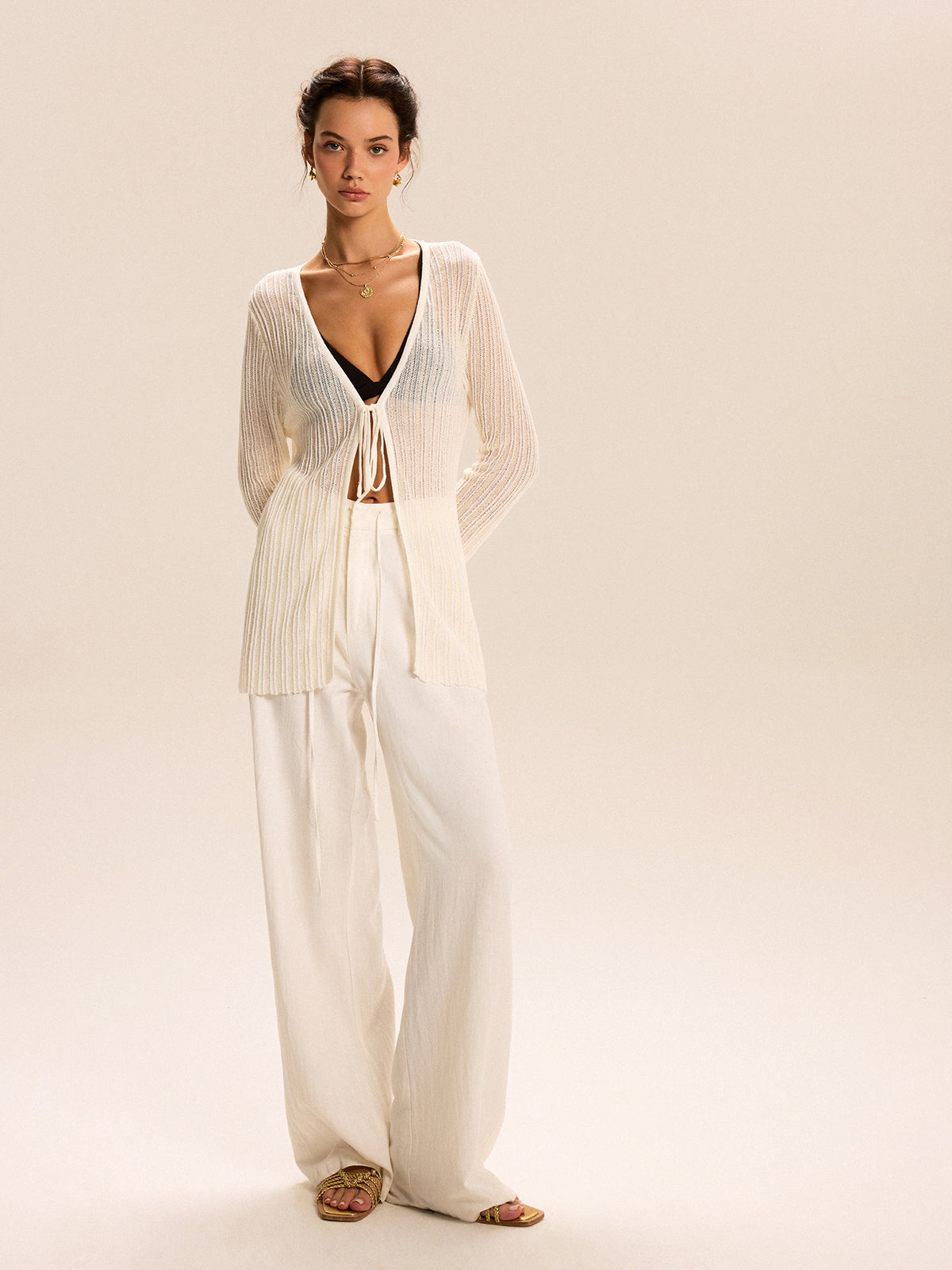 Sheer Ribbed Knit Cardigan With Tie-Front-Massicos