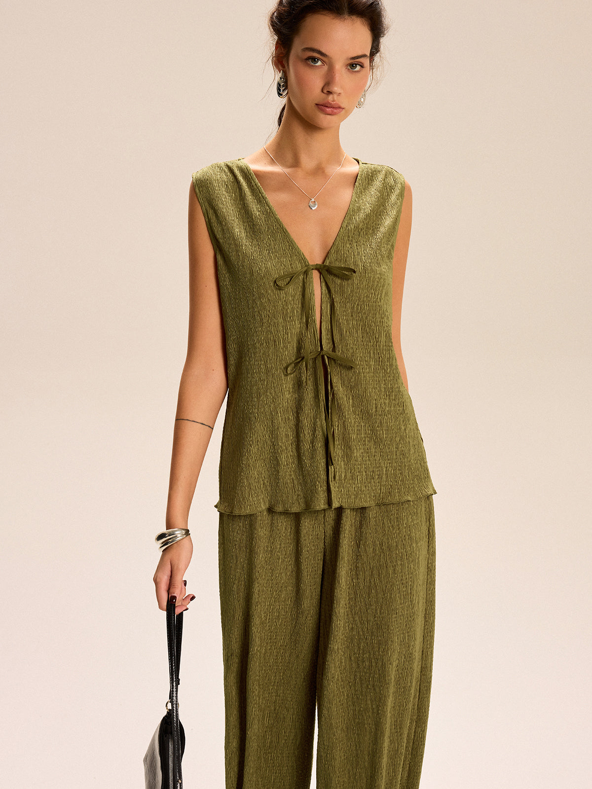 Sleeveless Tie-Front Top and Wide-Leg Pants Set-Massicos