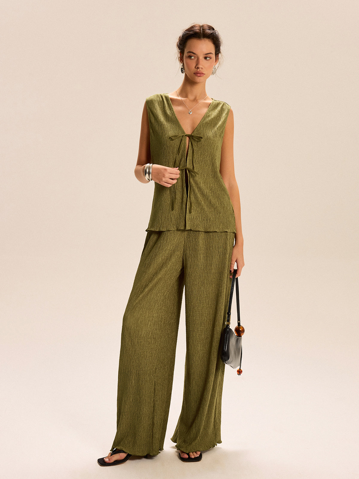 Sleeveless Tie-Front Top and Wide-Leg Pants Set-Massicos