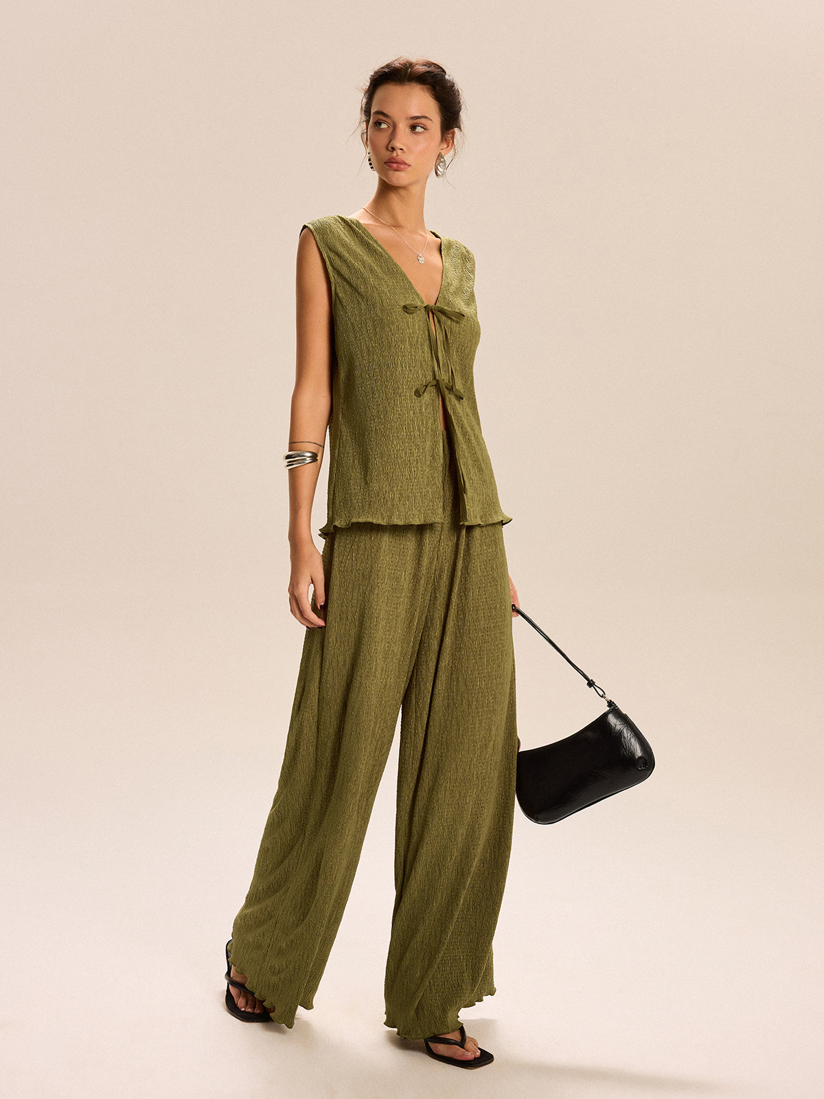 Sleeveless Tie-Front Top and Wide-Leg Pants Set-Massicos
