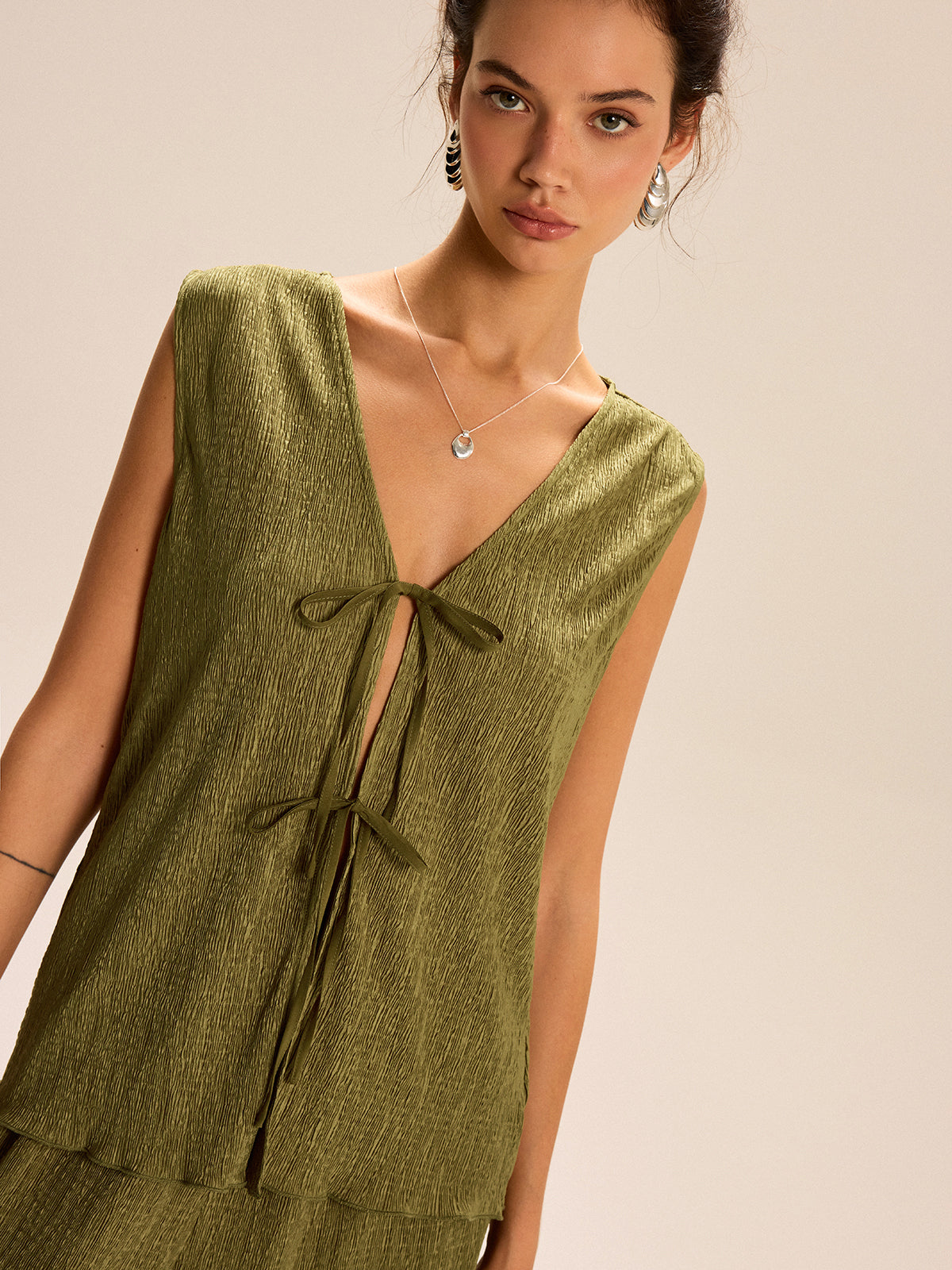 Sleeveless Tie-Front Top and Wide-Leg Pants Set-Massicos