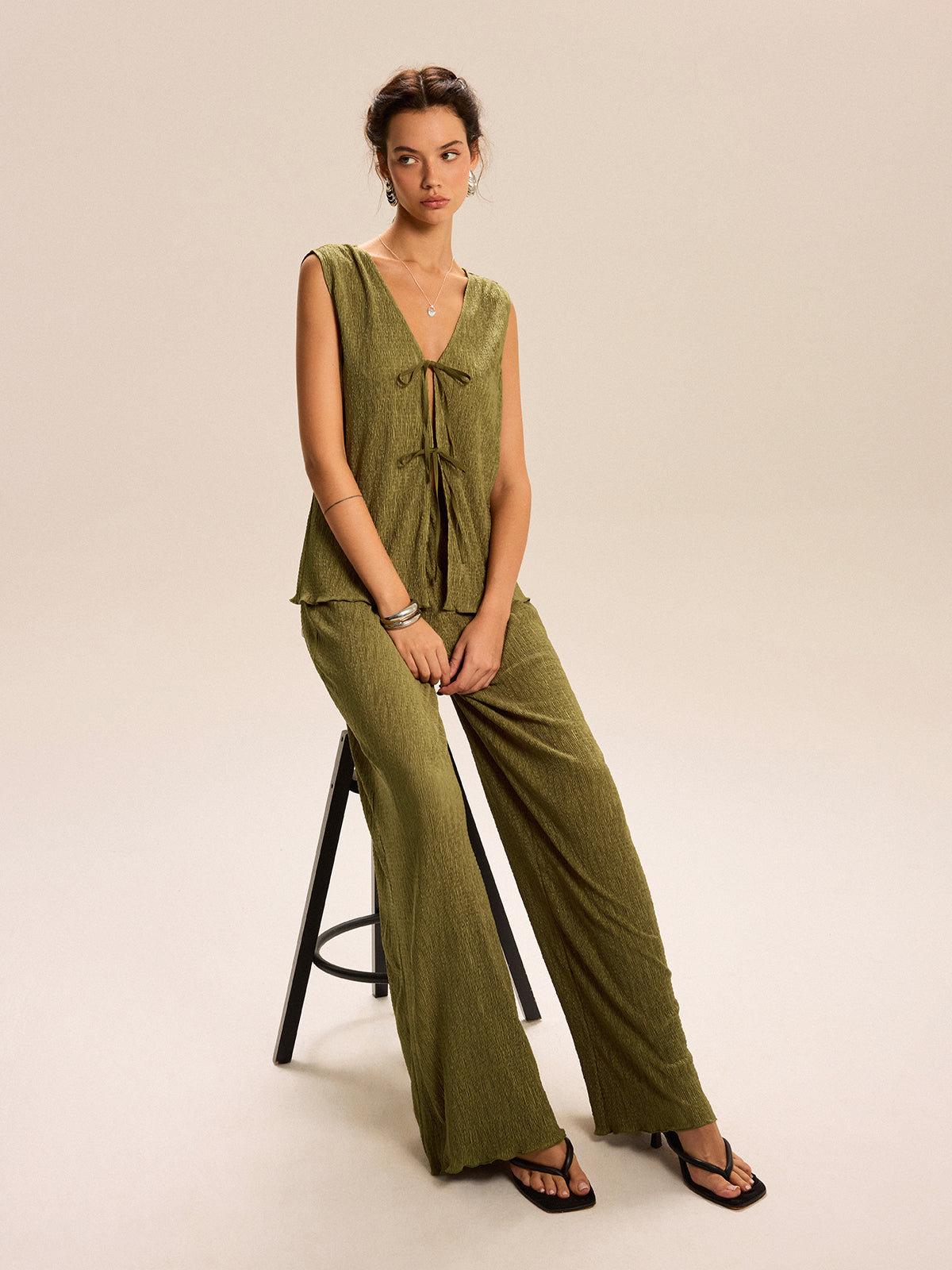 Sleeveless Tie-Front Top and Wide-Leg Pants Set-Massicos