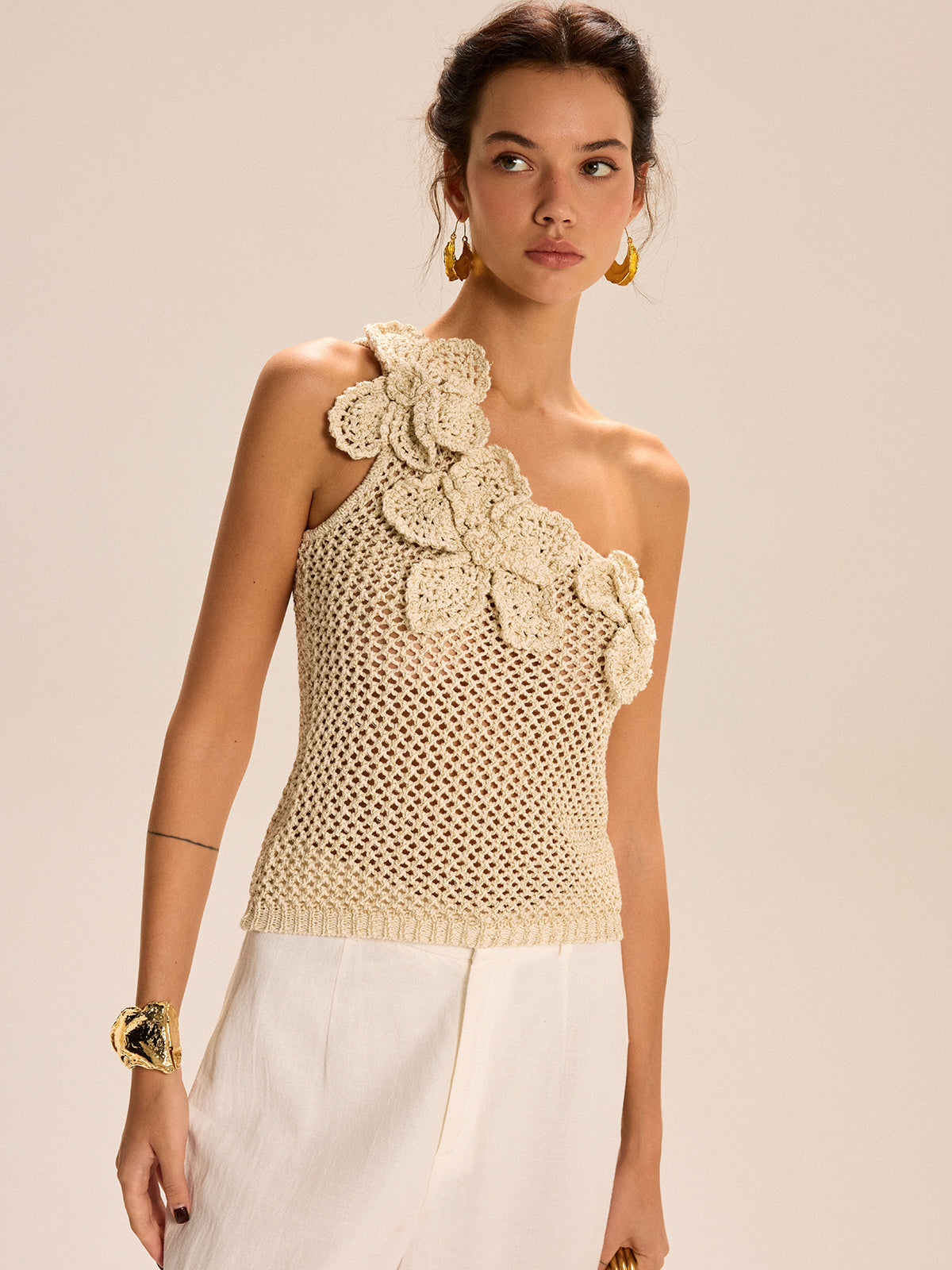 One-Shoulder Floral Crochet Knit Top-Massicos