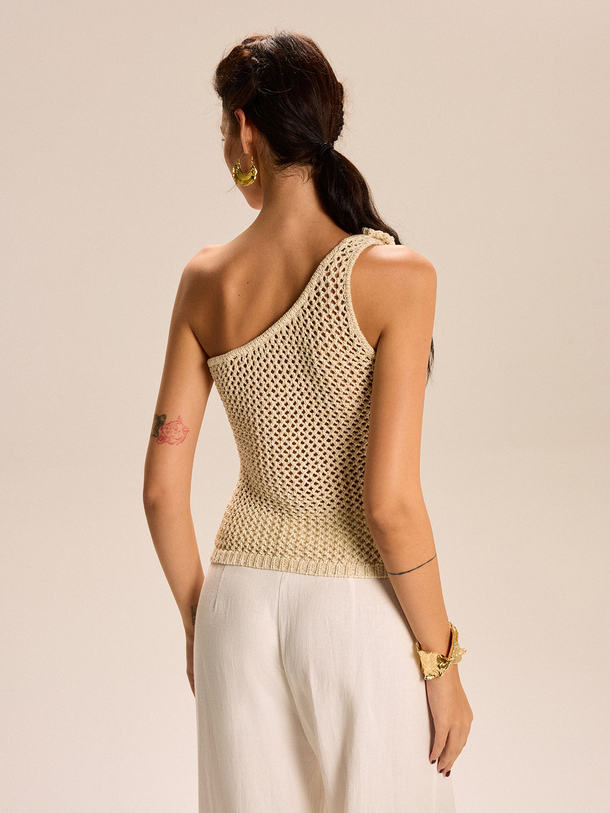 One-Shoulder Floral Crochet Knit Top-Massicos