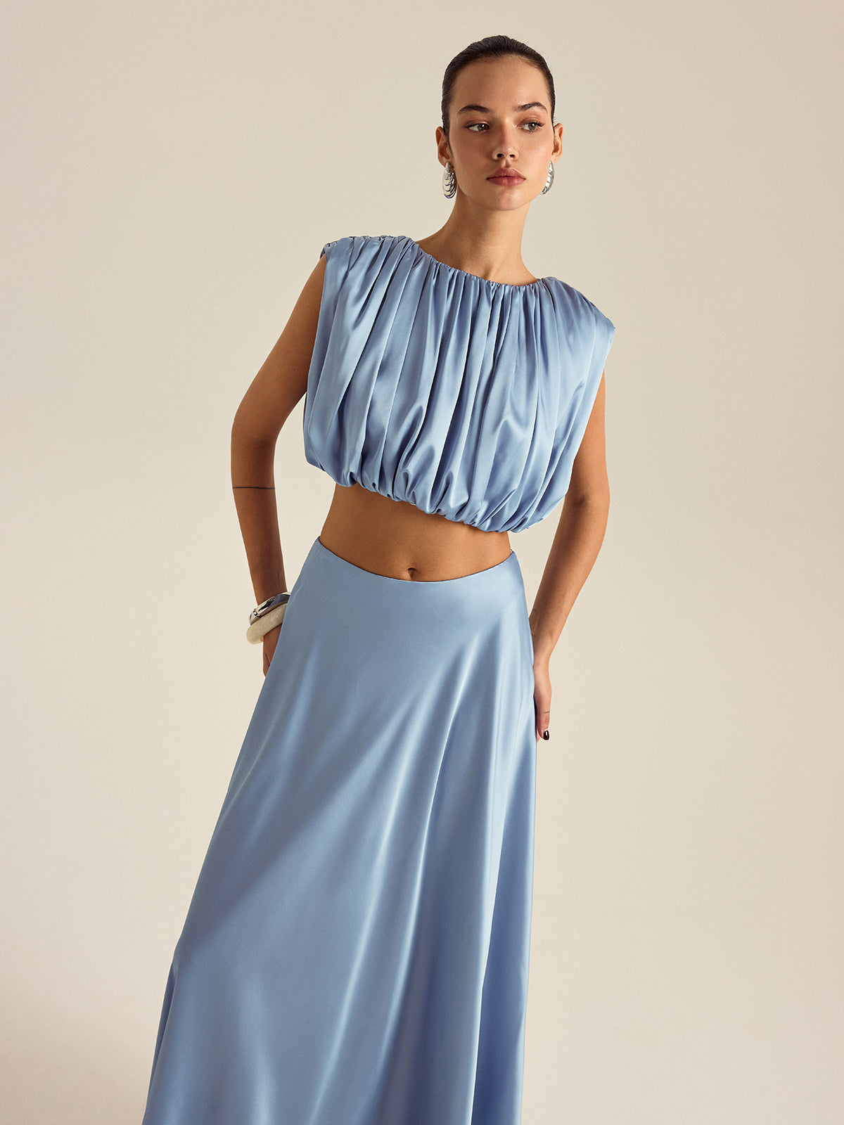 Ruched Crop Top Skirt Set-Massicos