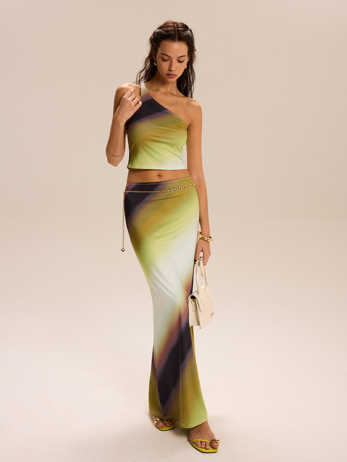 Gradient Print One-Shoulder Skirt Set-Massicos