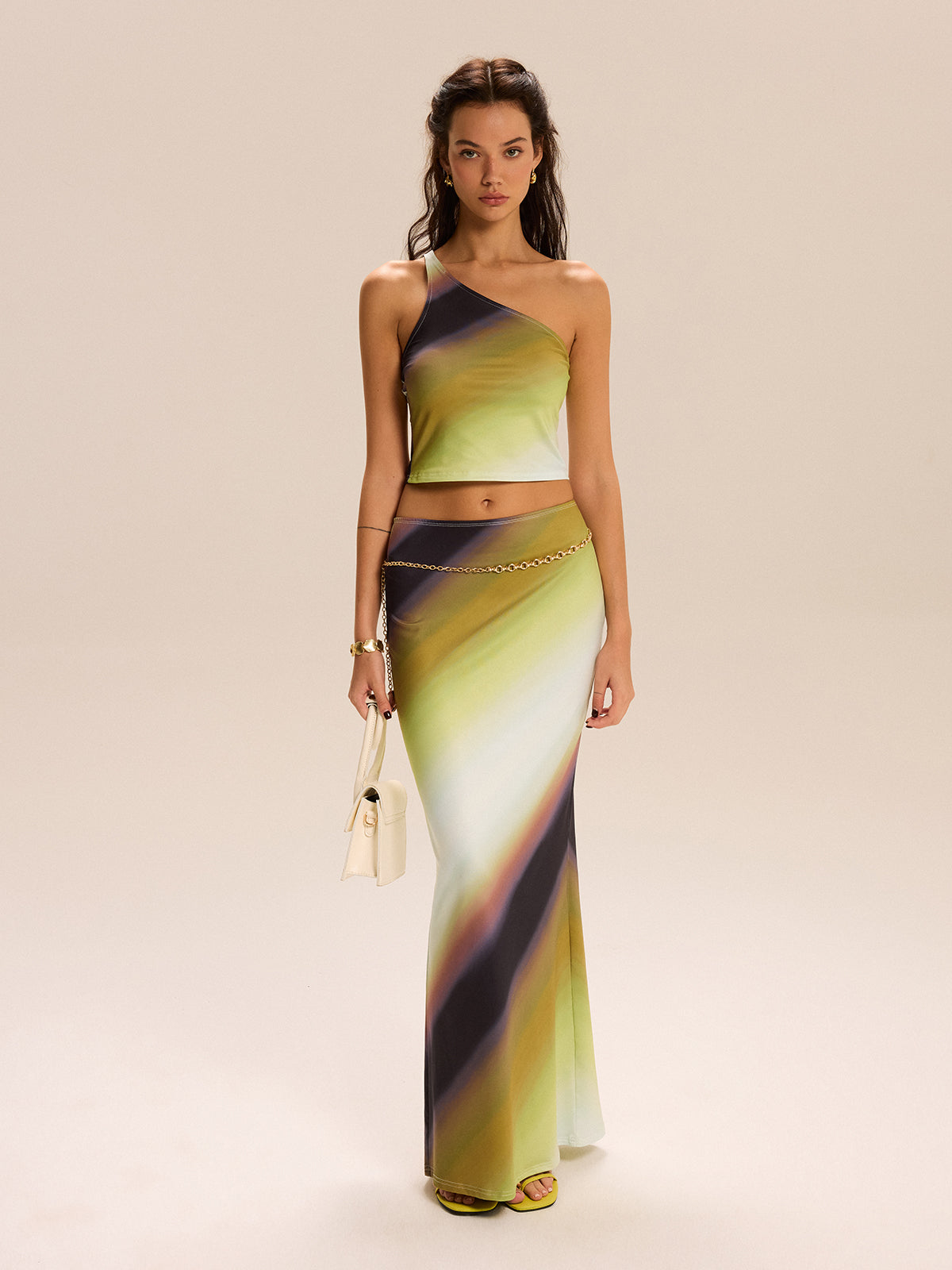 Gradient Print One-Shoulder Skirt Set-Massicos
