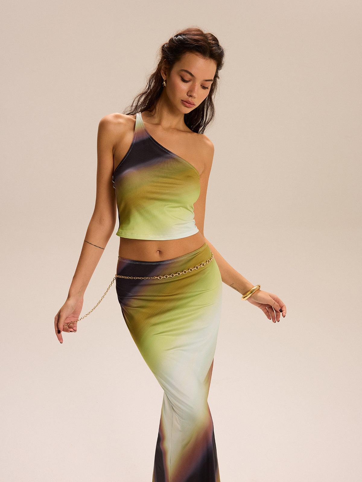 Gradient Print One-Shoulder Skirt Set-Massicos