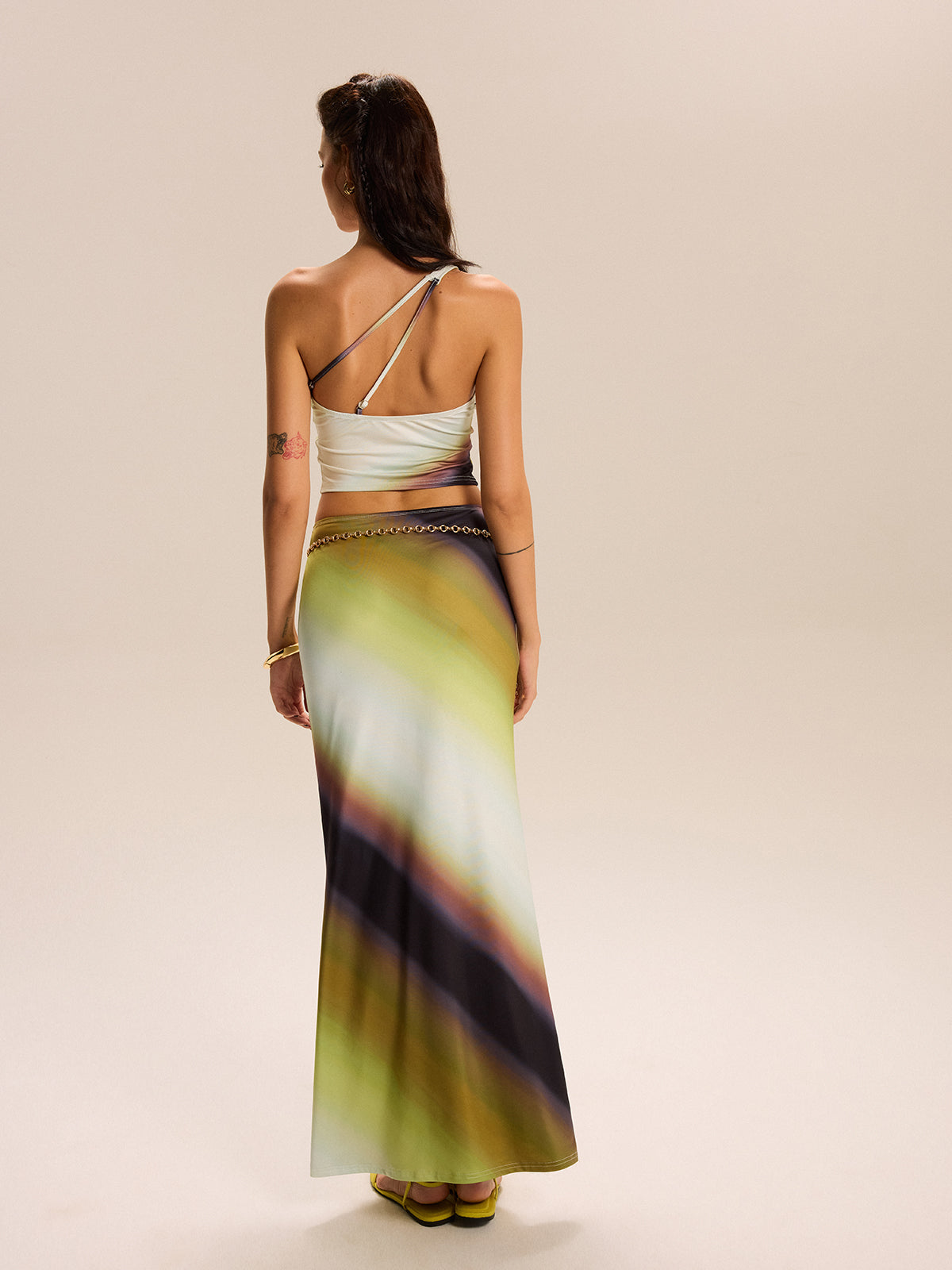 Gradient Print One-Shoulder Skirt Set-Massicos