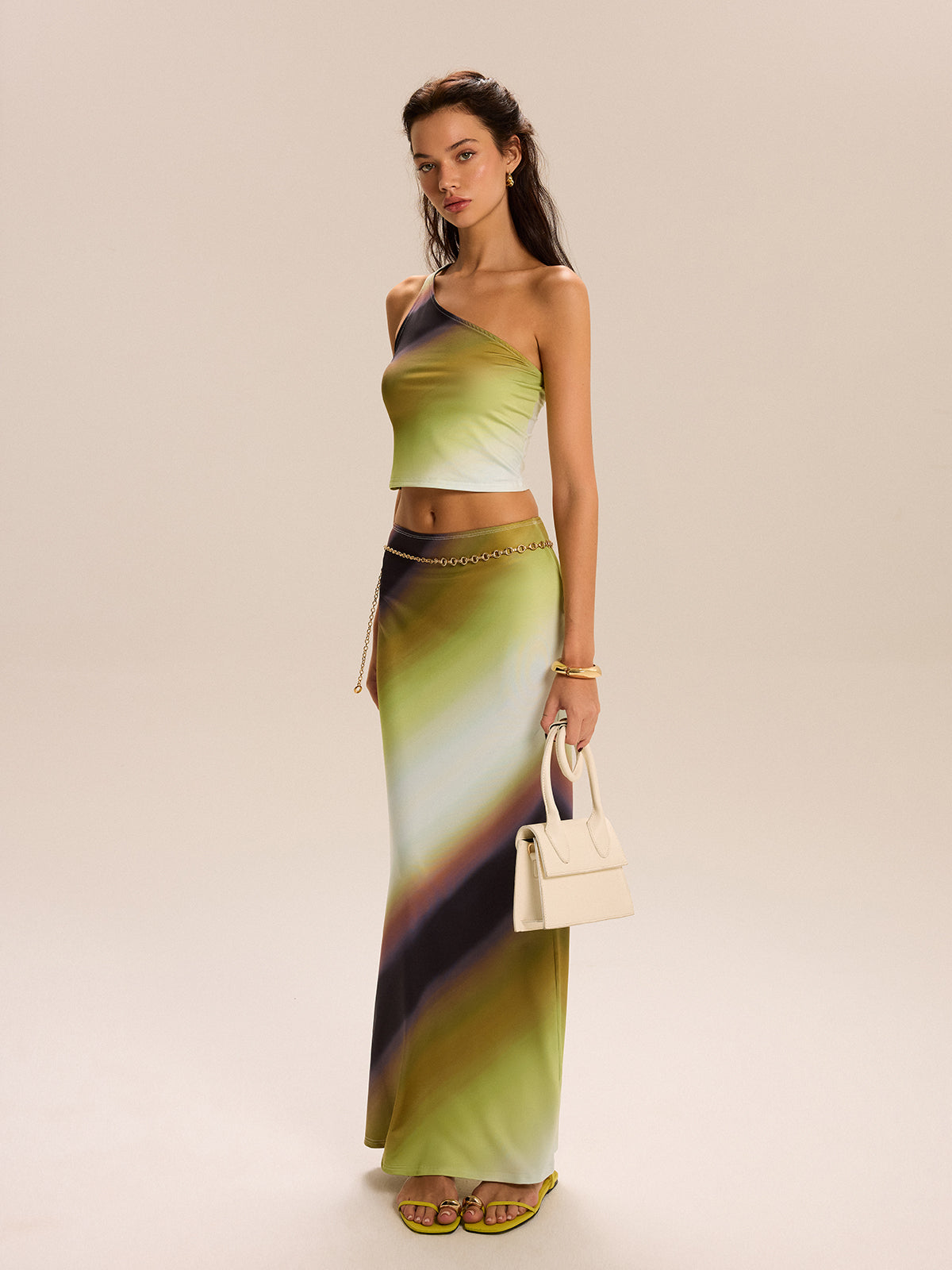 Gradient Print One-Shoulder Skirt Set-Massicos