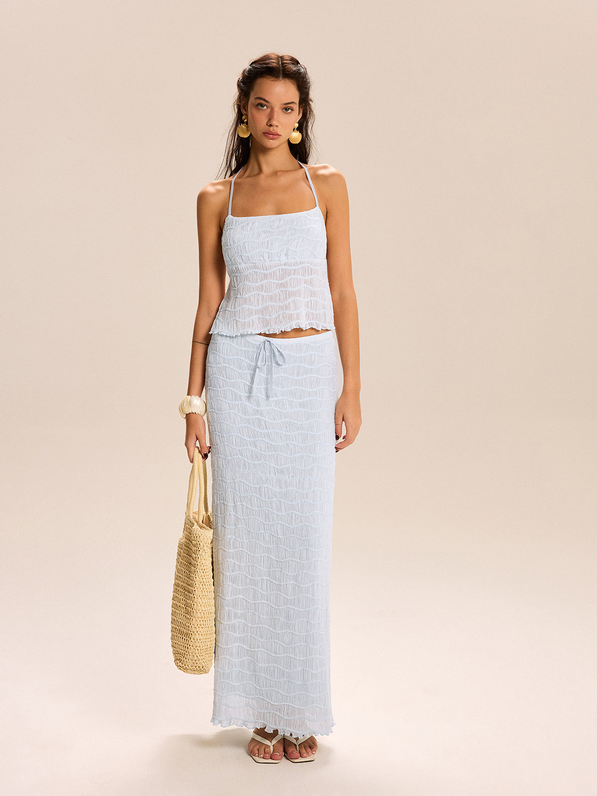 Textured Halter Crop Top and Skirt Set-Massicos