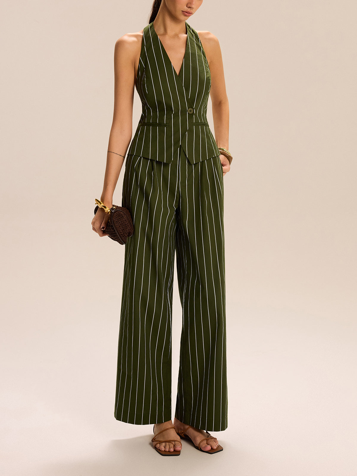 Striped Halter-Neck Vest and Wide-Leg Pants Set-Massicos