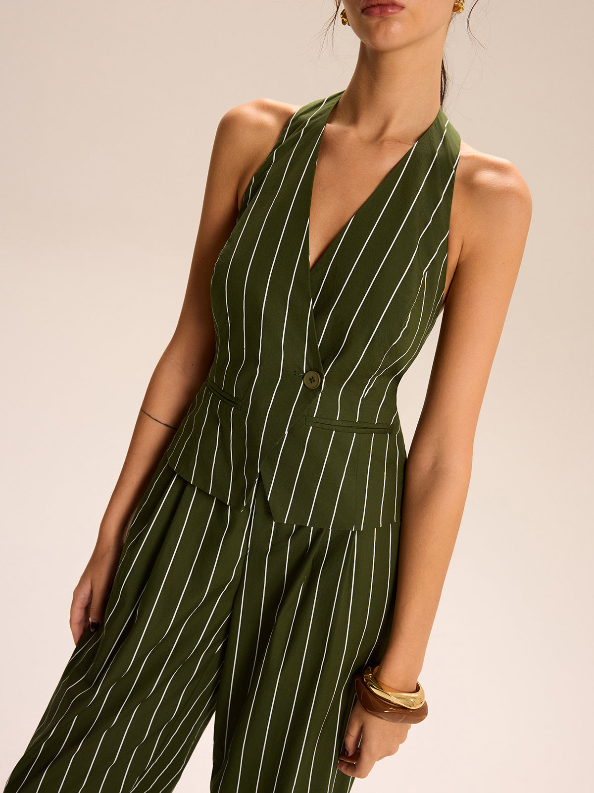 Striped Halter-Neck Vest and Wide-Leg Pants Set-Massicos