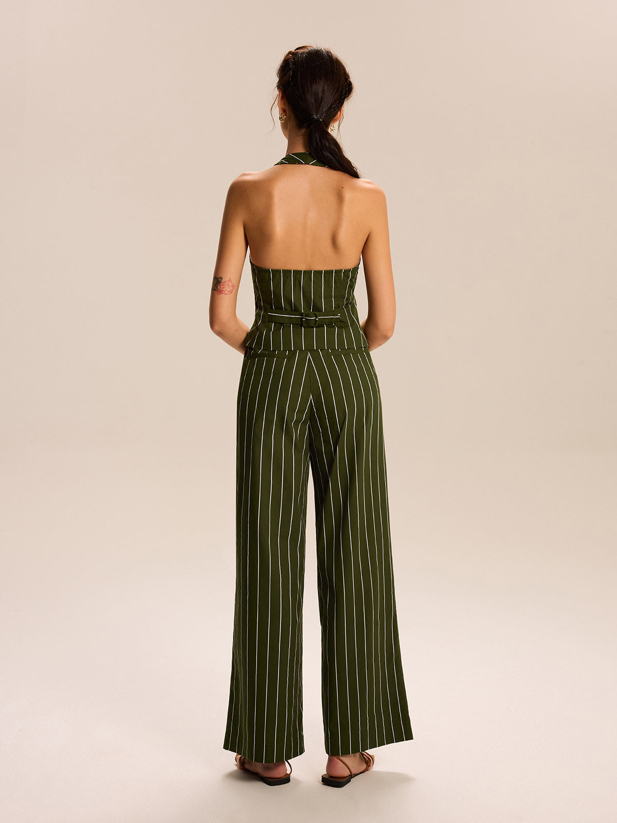 Striped Halter-Neck Vest and Wide-Leg Pants Set-Massicos