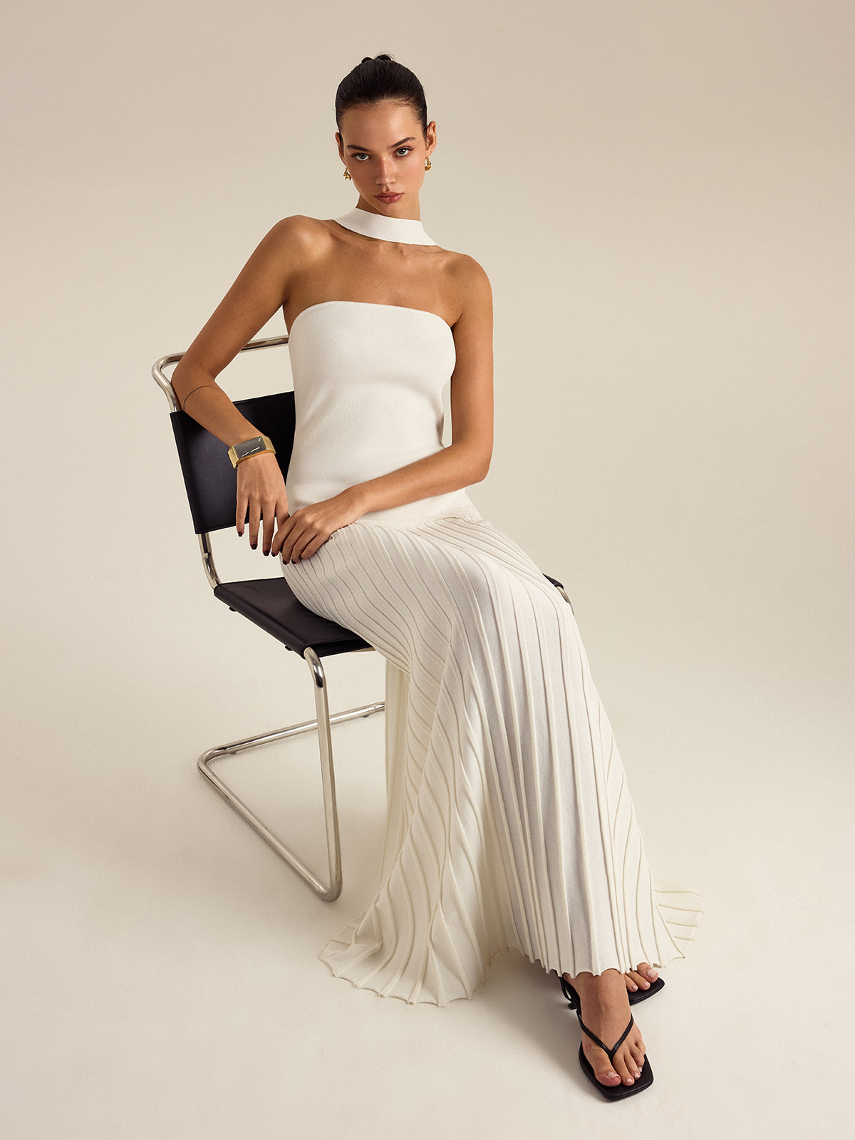 Halterneck Pleated Maxi Dress-Massicos