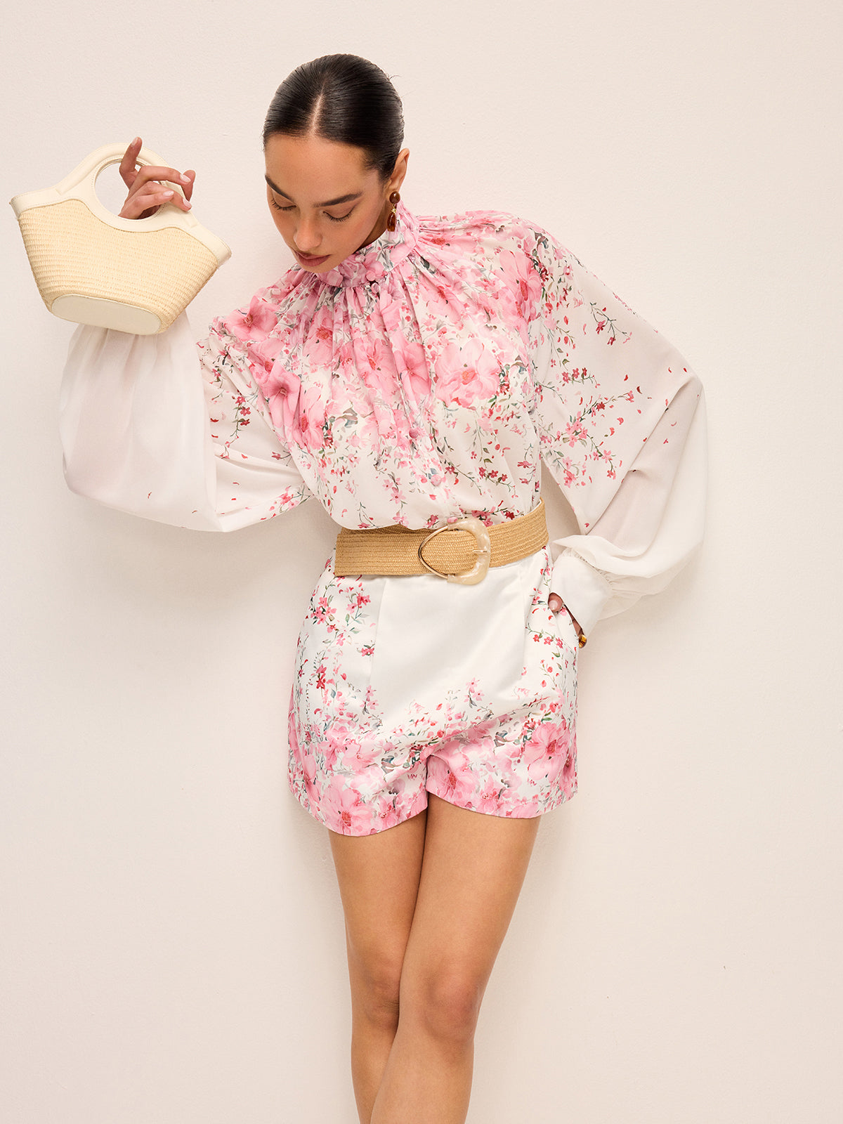 Floral Print Pleated Shorts Set Without Belt-Massicos