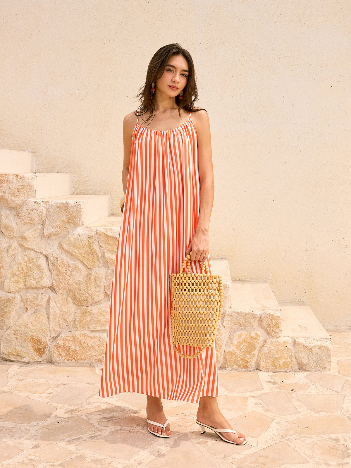 Striped Backless Maxi Dress-Massicos