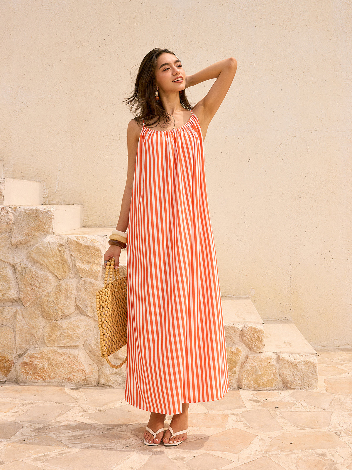 Striped Backless Maxi Dress-Massicos