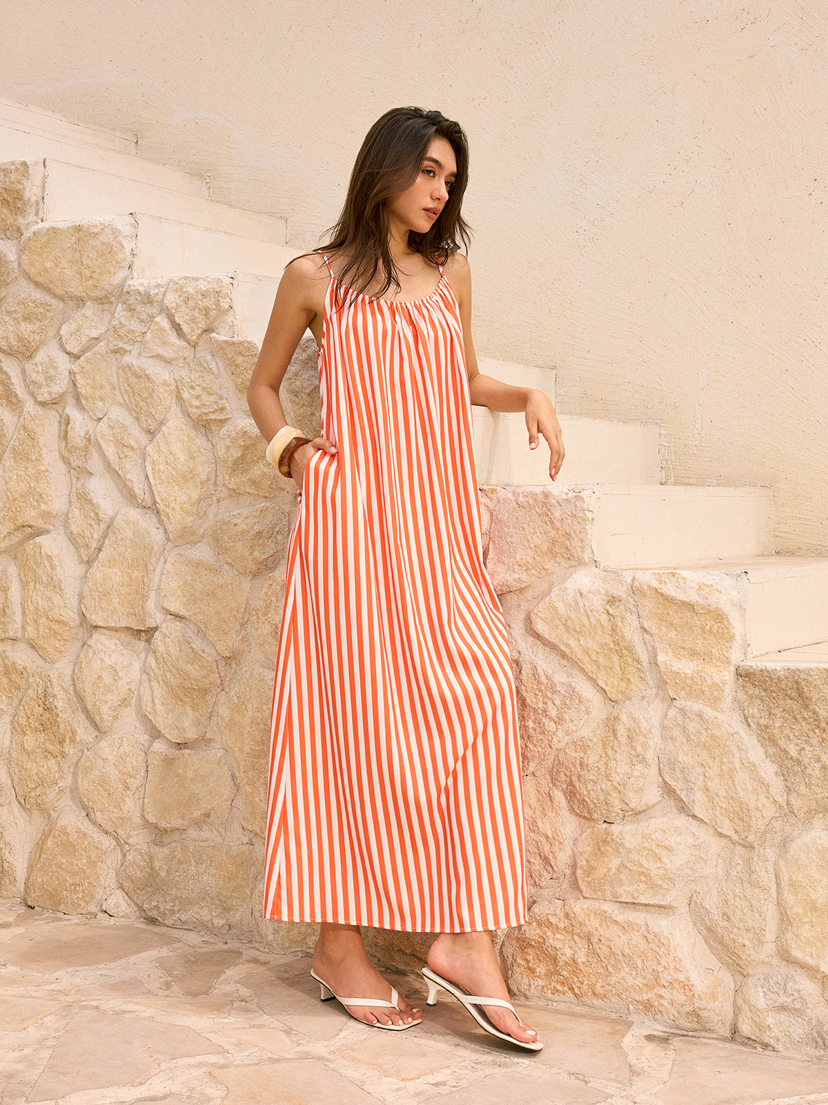 Striped Backless Maxi Dress-Massicos