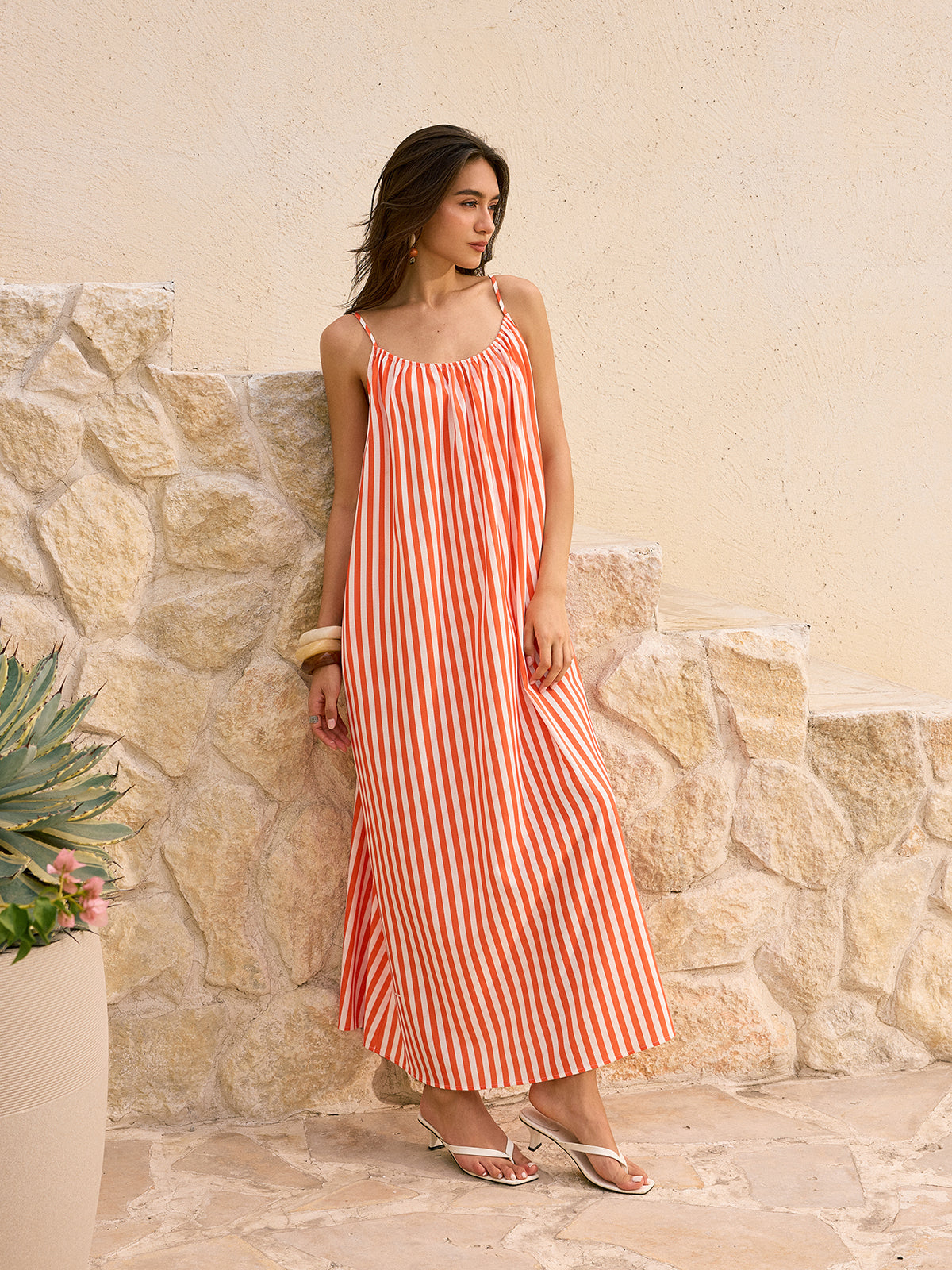 Striped Backless Maxi Dress-Massicos