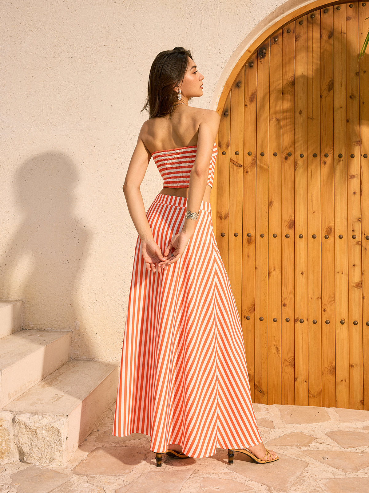 Striped Strapless Top and Maxi Skirt Set-Massicos