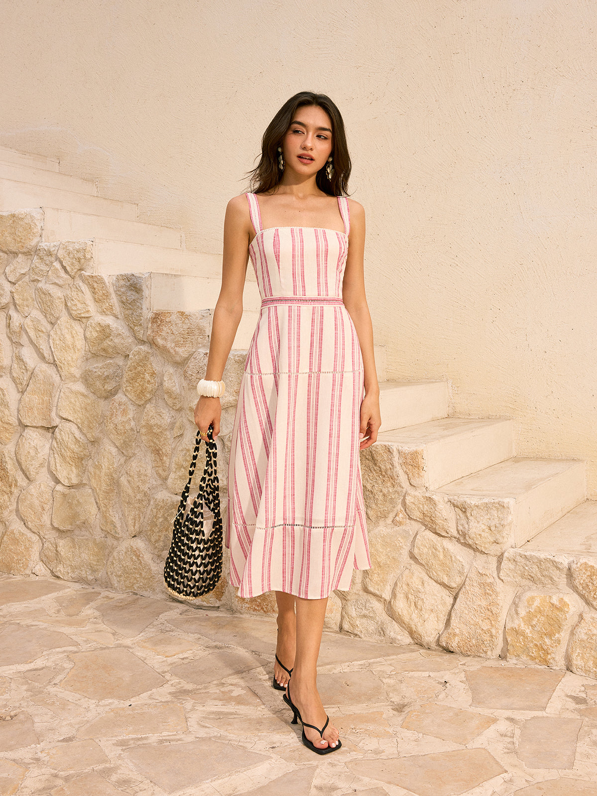 Striped Linen & Cotton Tiered Midi Dress-Massicos