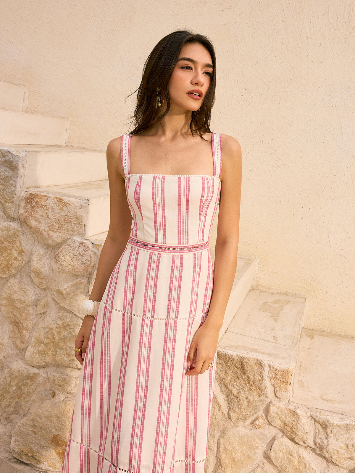 Striped Linen & Cotton Tiered Midi Dress-Massicos