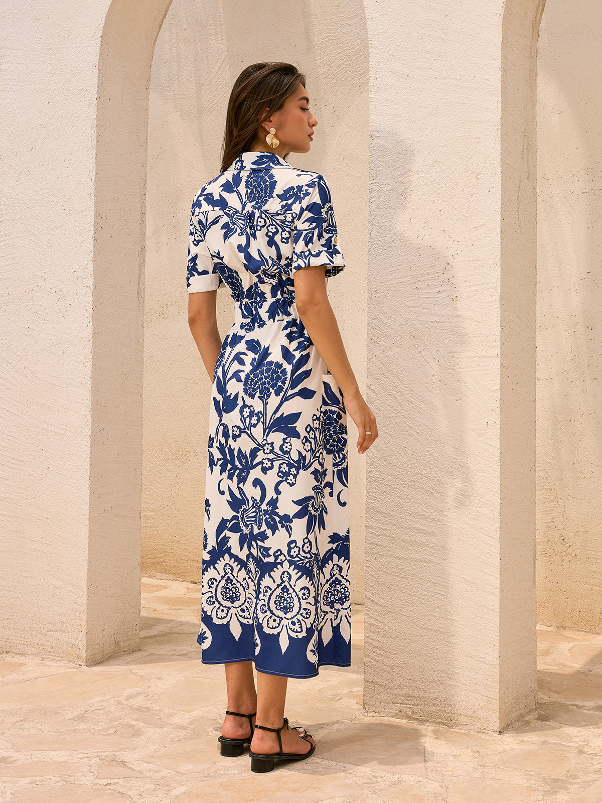 Pocketed Belted Floral Print Midi Dress-Massicos