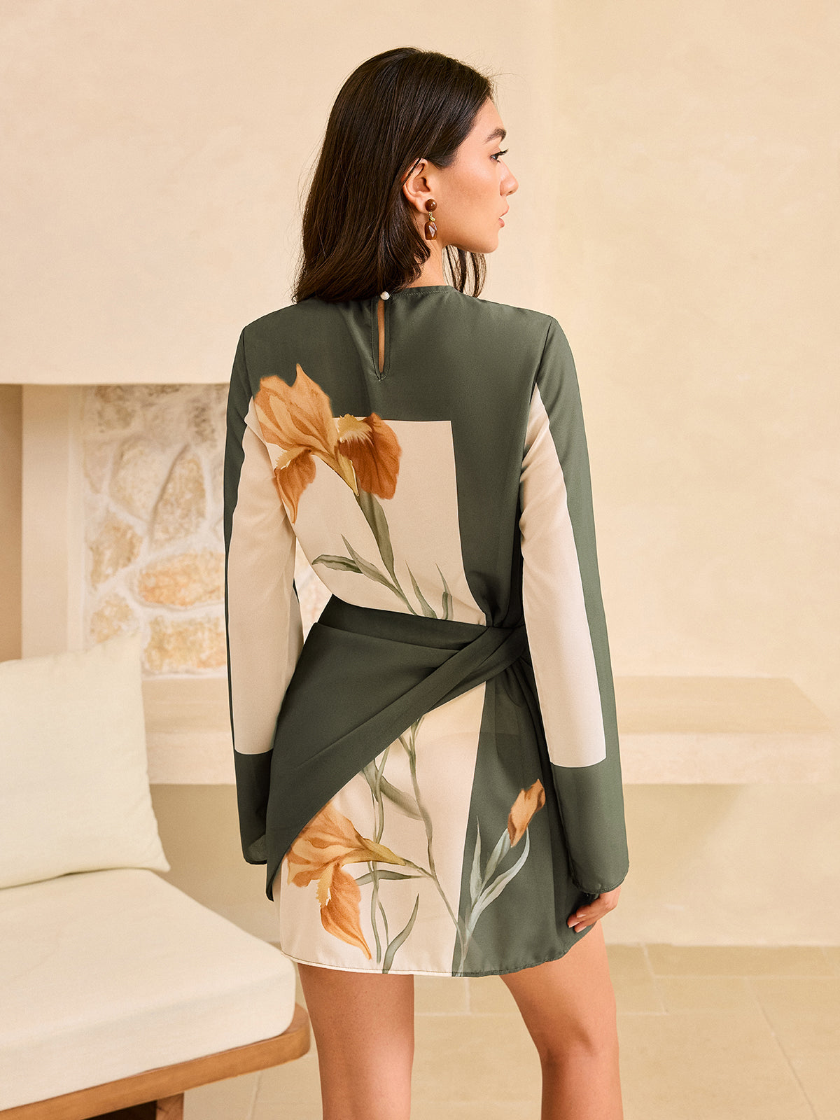 Floral Print Long Sleeve Wrap Dress-Massicos