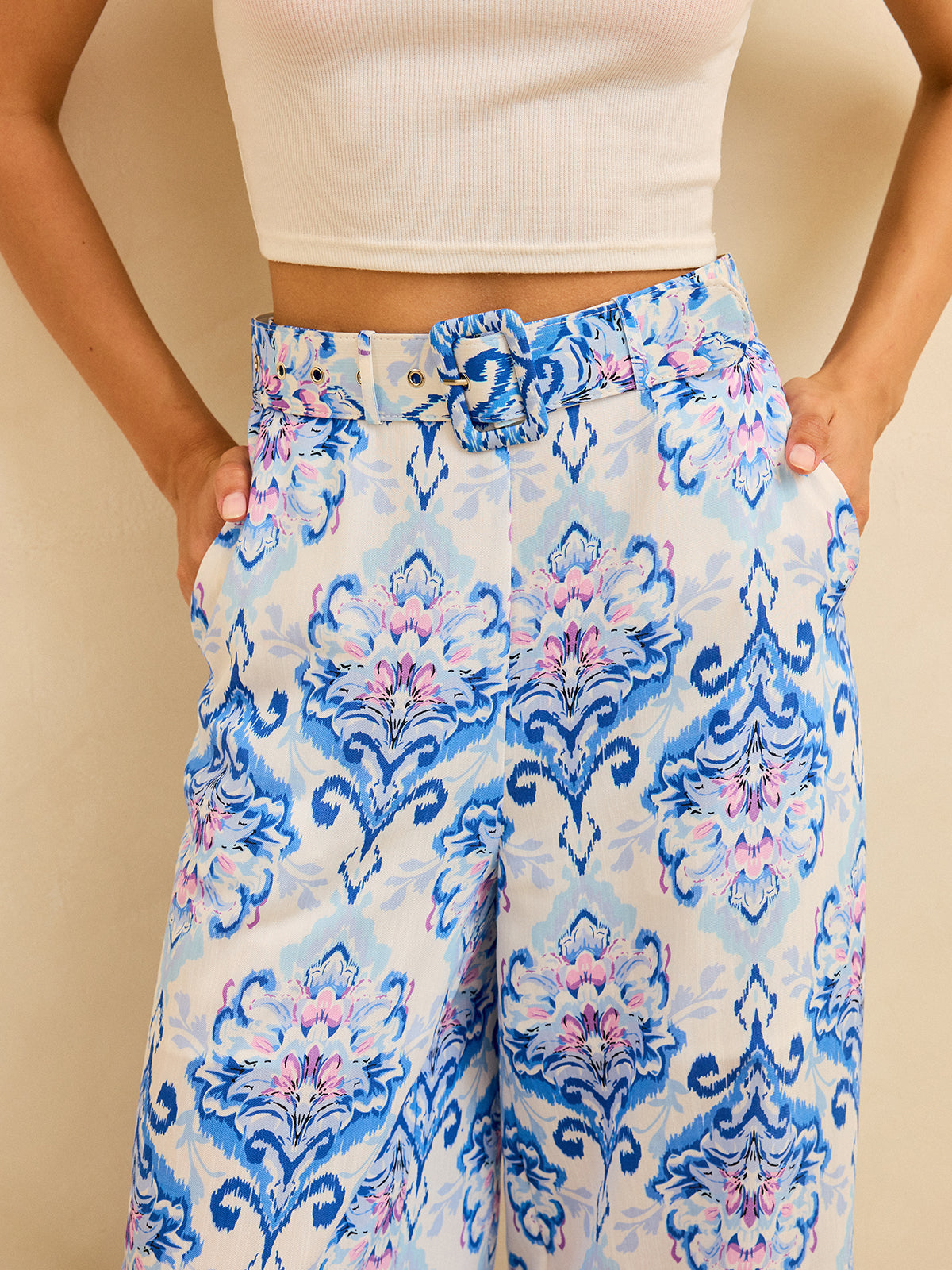 High-Waisted Floral Print Wide-Leg Pants-Massicos