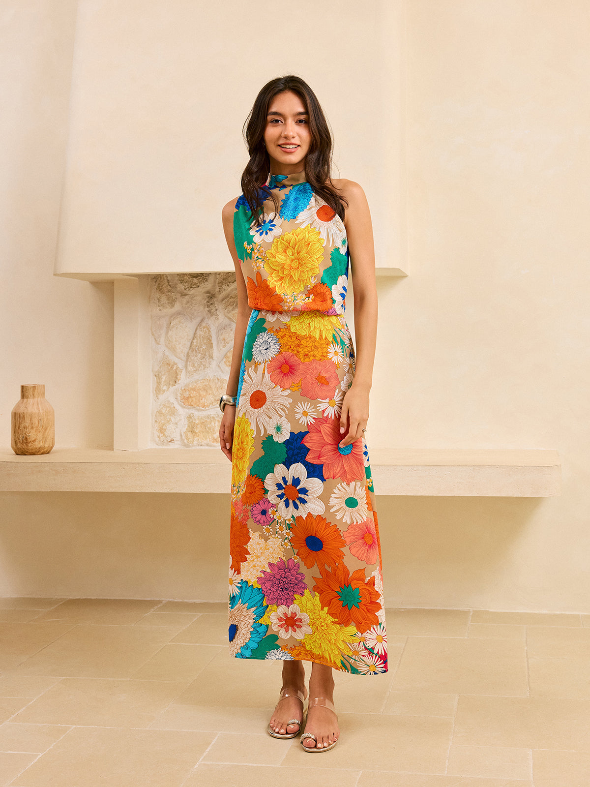 Floral Print Maxi Dress with Tie Back-Massicos