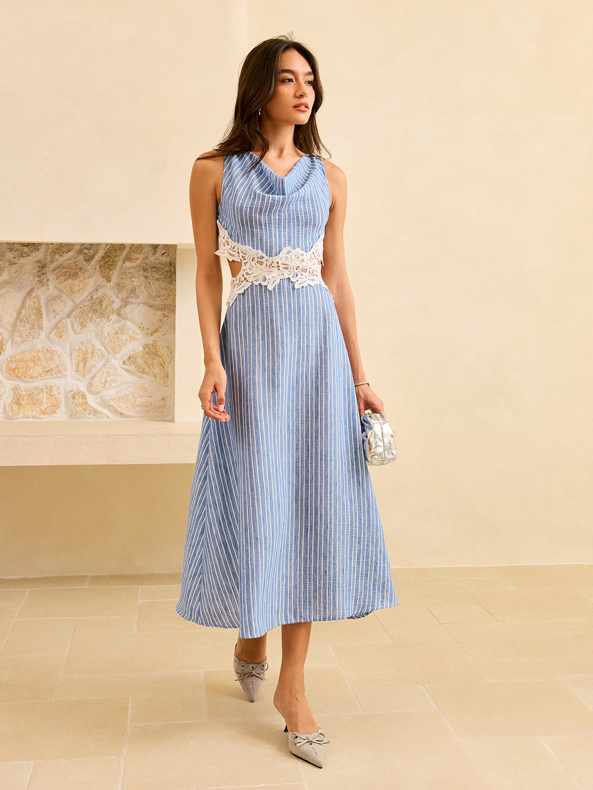 Striped Backless Dress with Lace Detail-Massicos