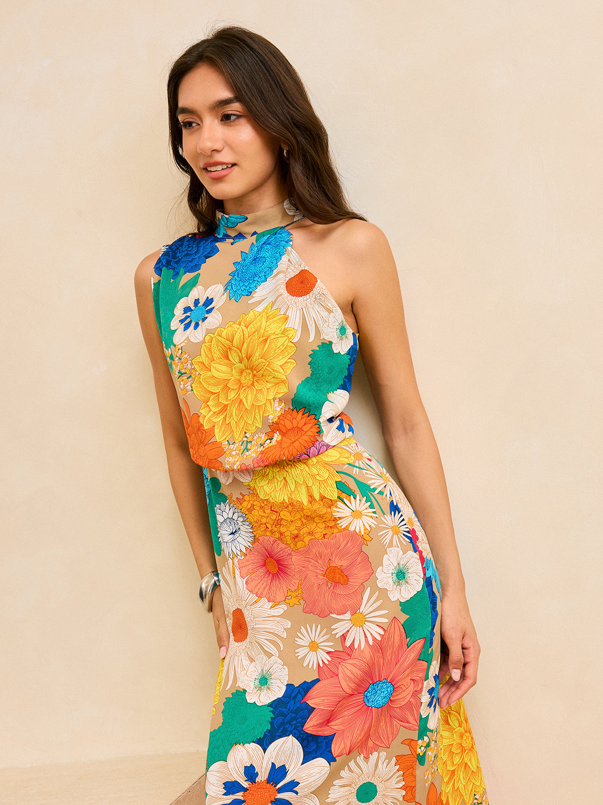 Floral Print Maxi Dress with Tie Back-Massicos