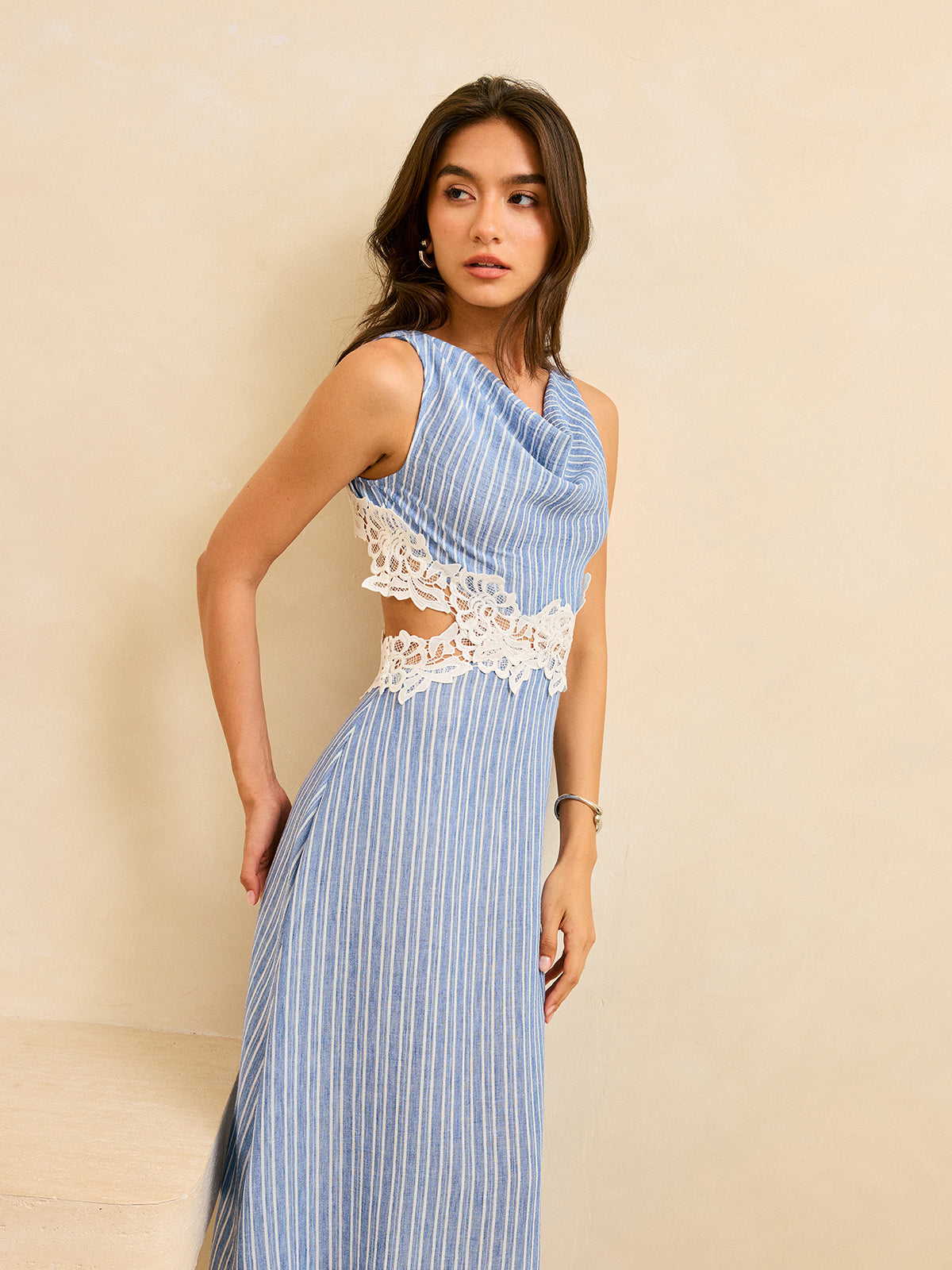 Striped Backless Dress with Lace Detail-Massicos