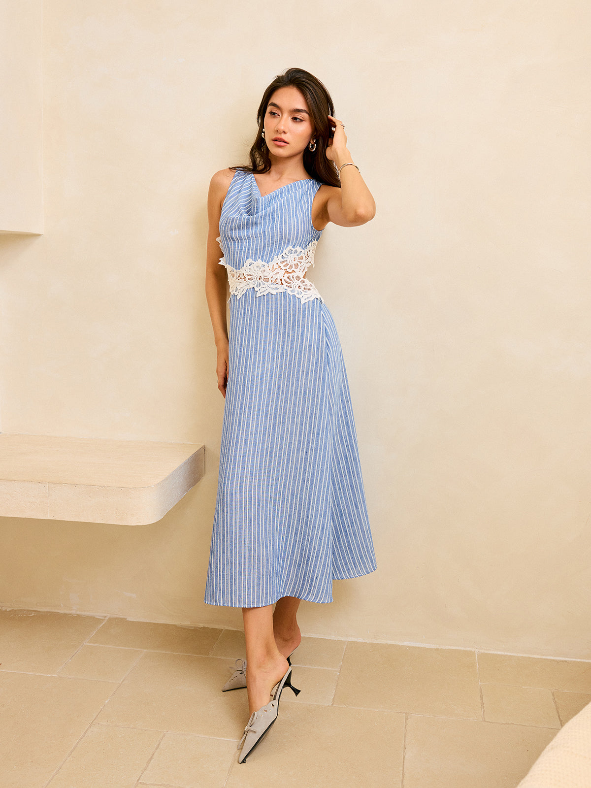 Striped Backless Dress with Lace Detail-Massicos