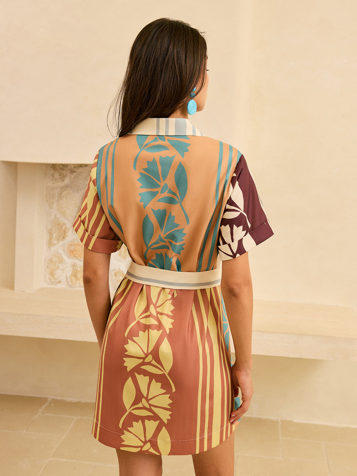 Abstract Print Belted Striped Dress-Massicos