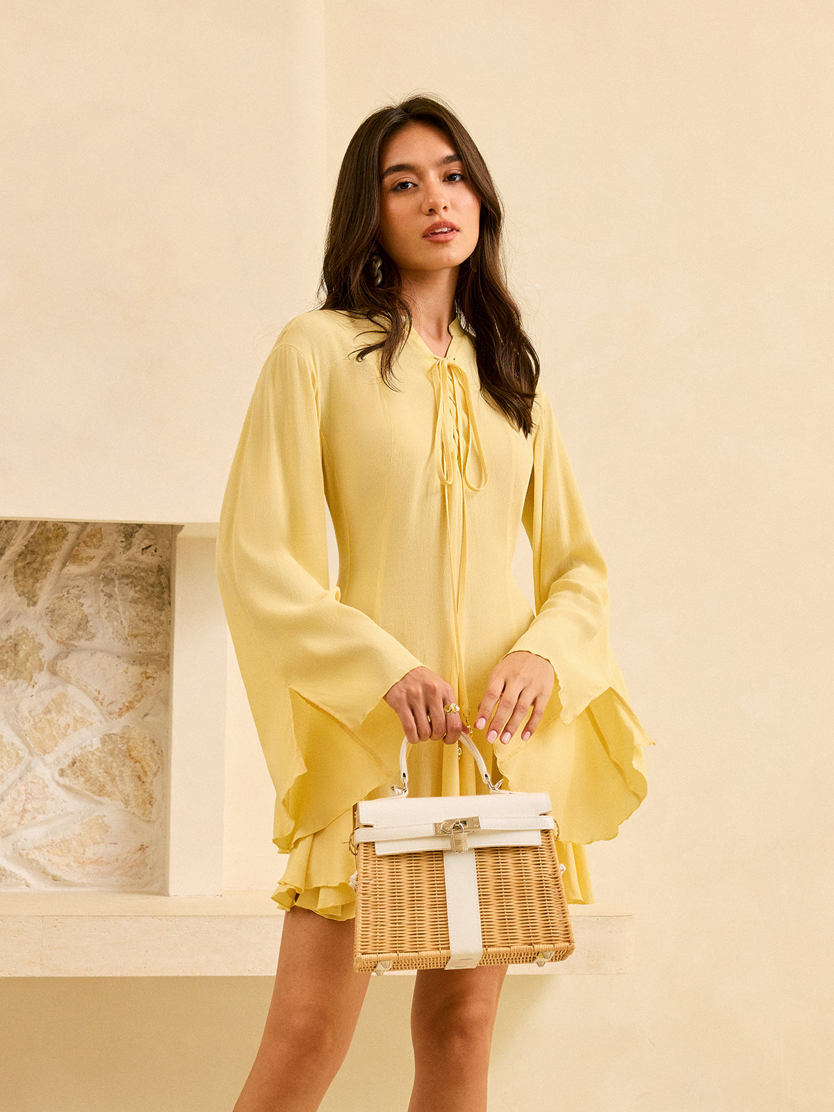 Tie-Front Flared Sleeve Dress-Massicos