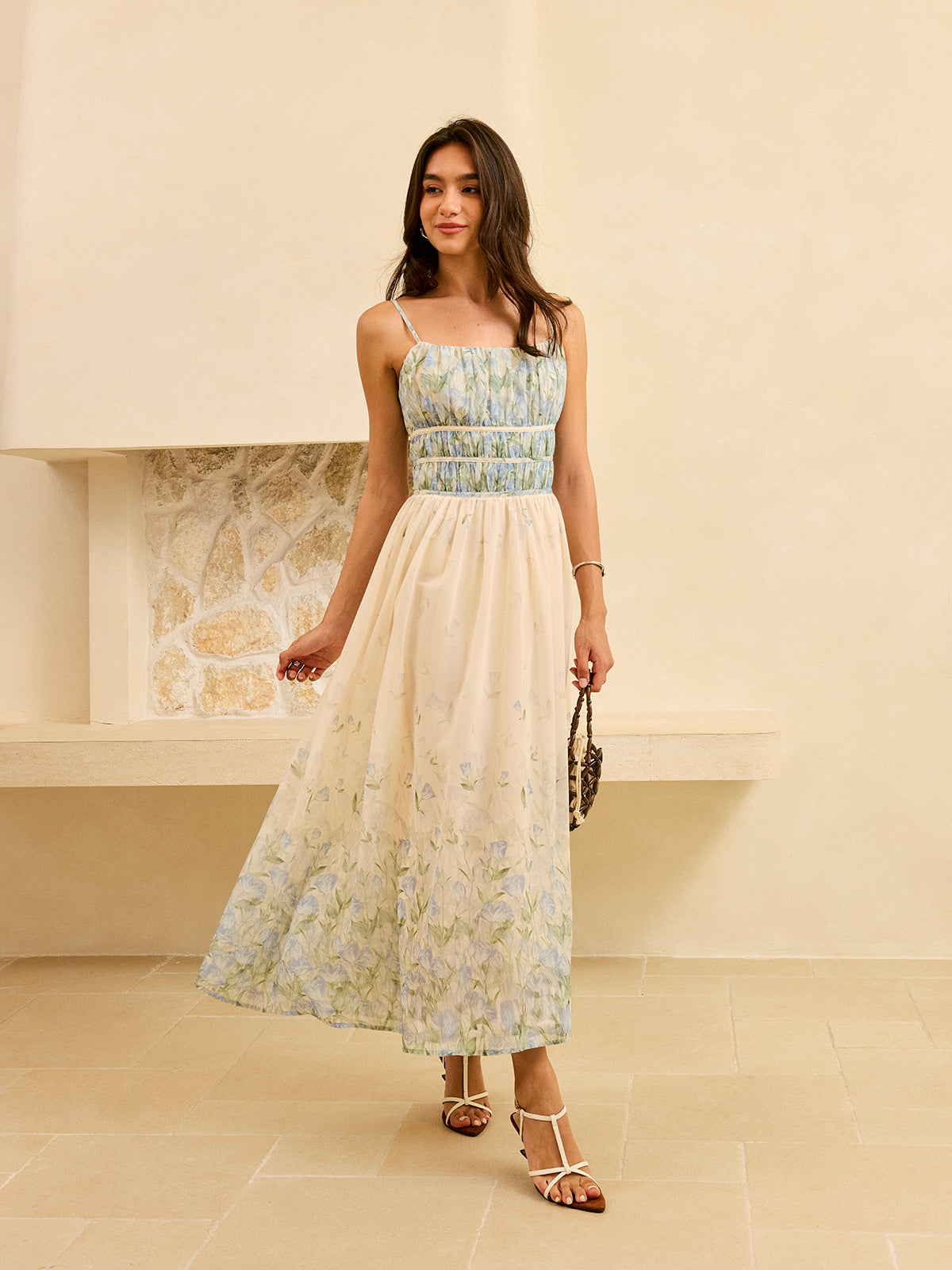 Semi-Sheer Floral Print Pleat Waist Tiered Maxi Dress-Massicos