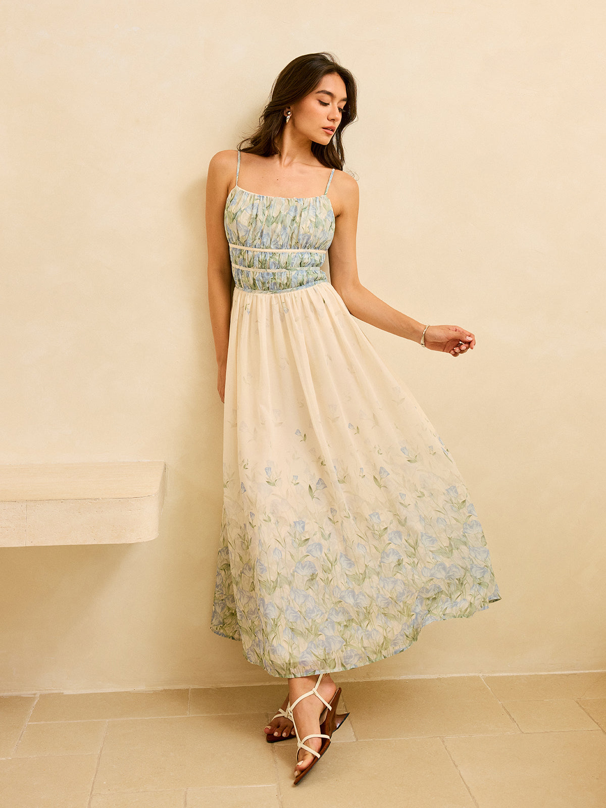 Semi-Sheer Floral Print Pleat Waist Tiered Maxi Dress-Massicos