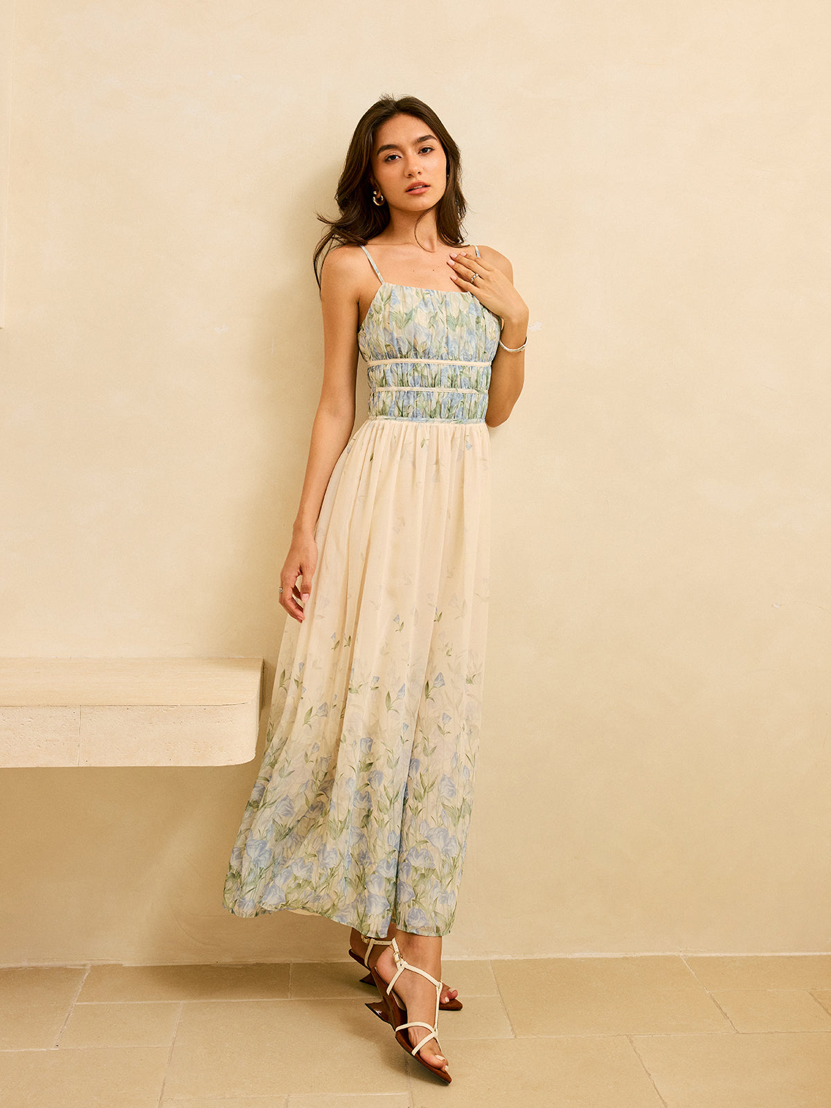 Semi-Sheer Floral Print Pleat Waist Tiered Maxi Dress-Massicos